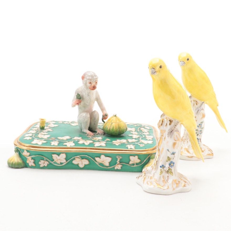 Royal Worcester Bone China Yellow Canary Figures with Monkey Motif Porcelain Box