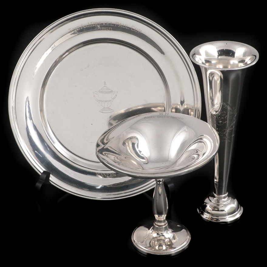Sterling Silver Trophy Plate with Weighted Sterling Compote and Trumpet Vase
