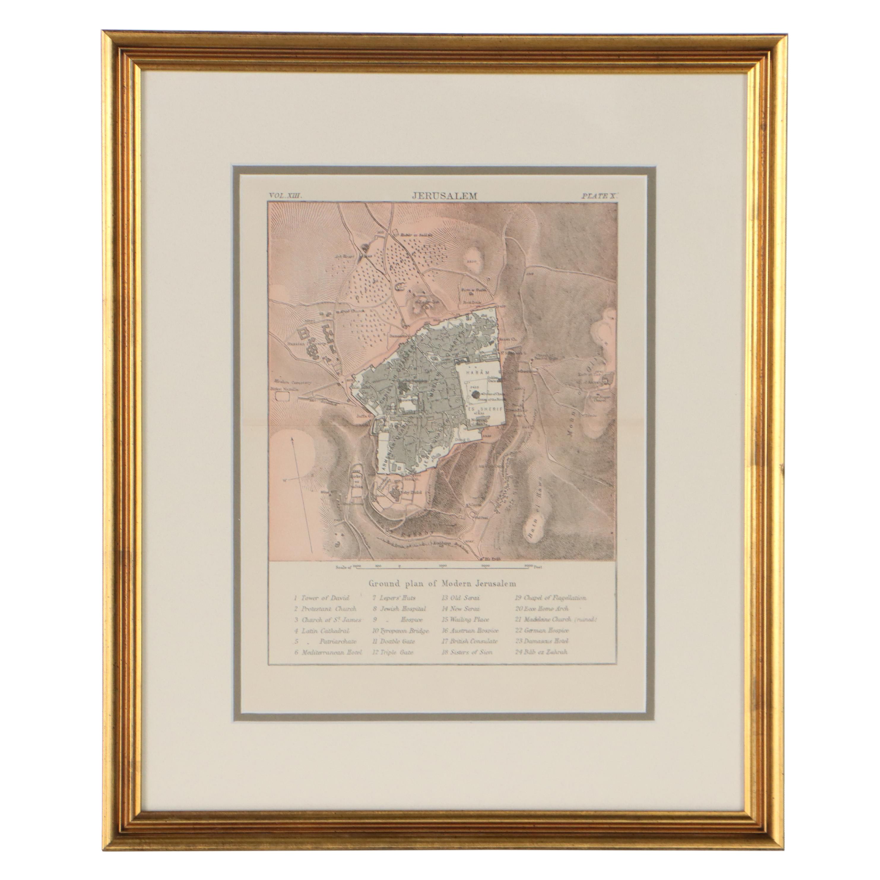 Wax Engraving Map "Jerusalem - Ground Plan of Modern Jerusalem," Circa 1880