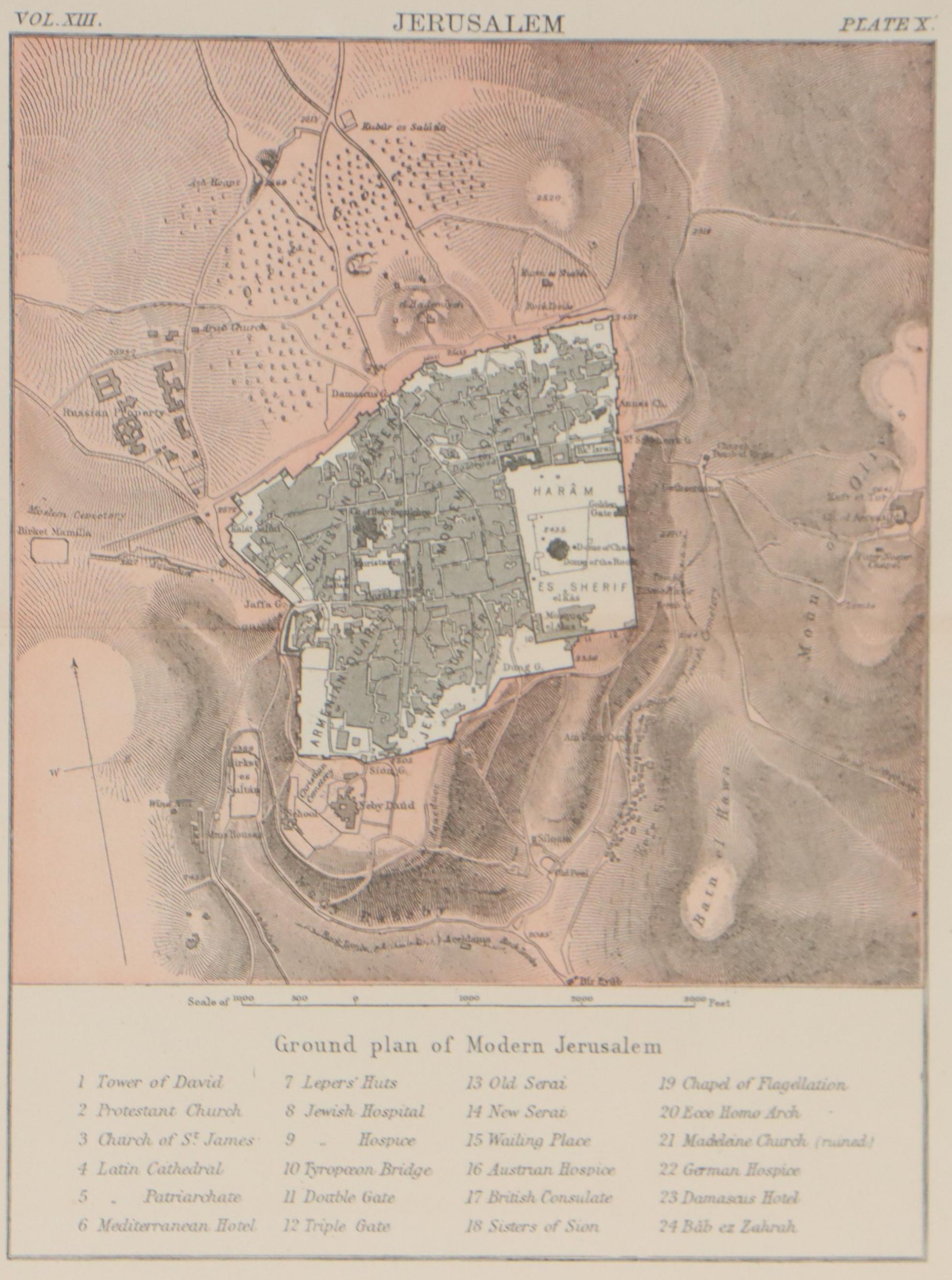 Wax Engraving Map "Jerusalem - Ground Plan of Modern Jerusalem," Circa 1880