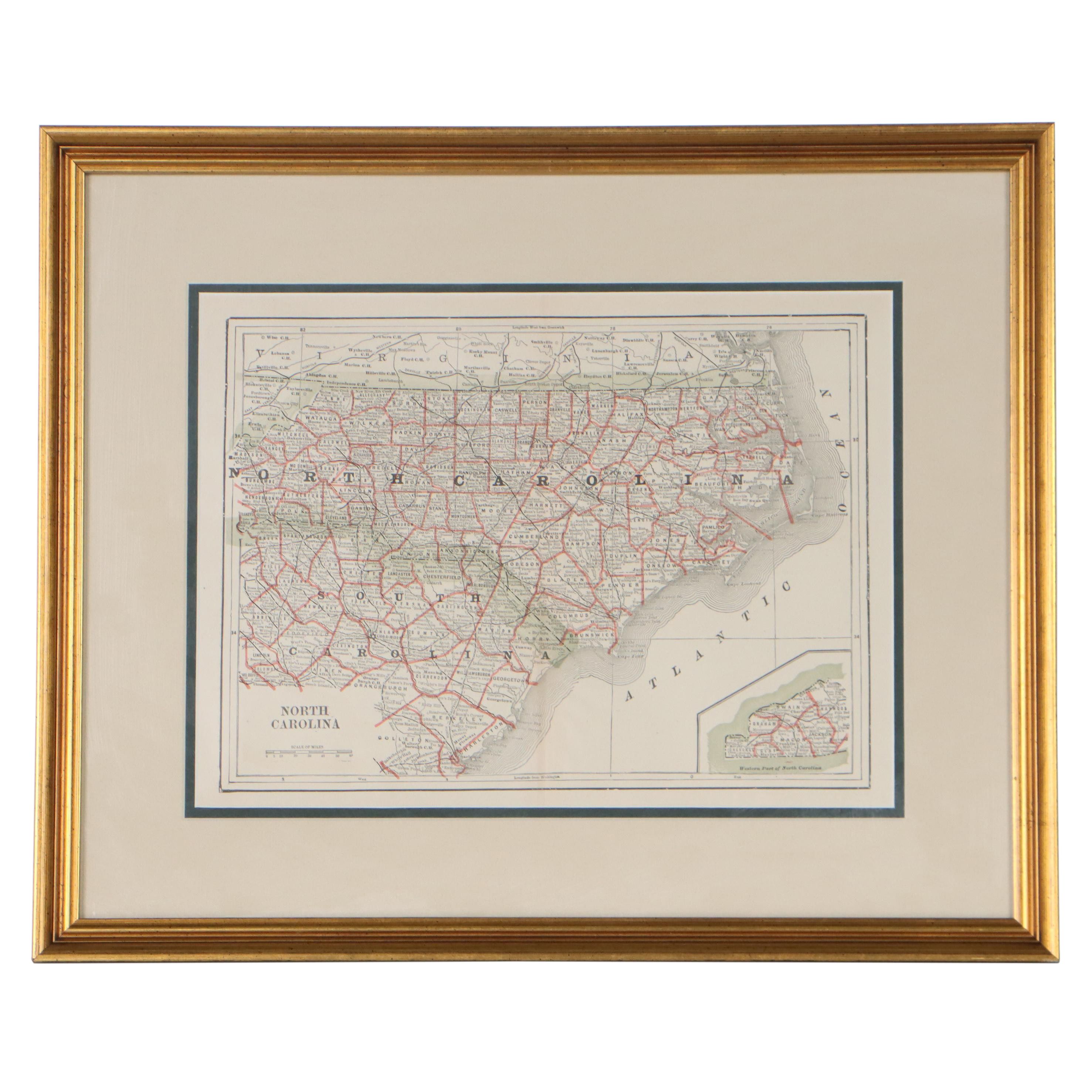 Wax Engraving Map of North Carolina, 1880