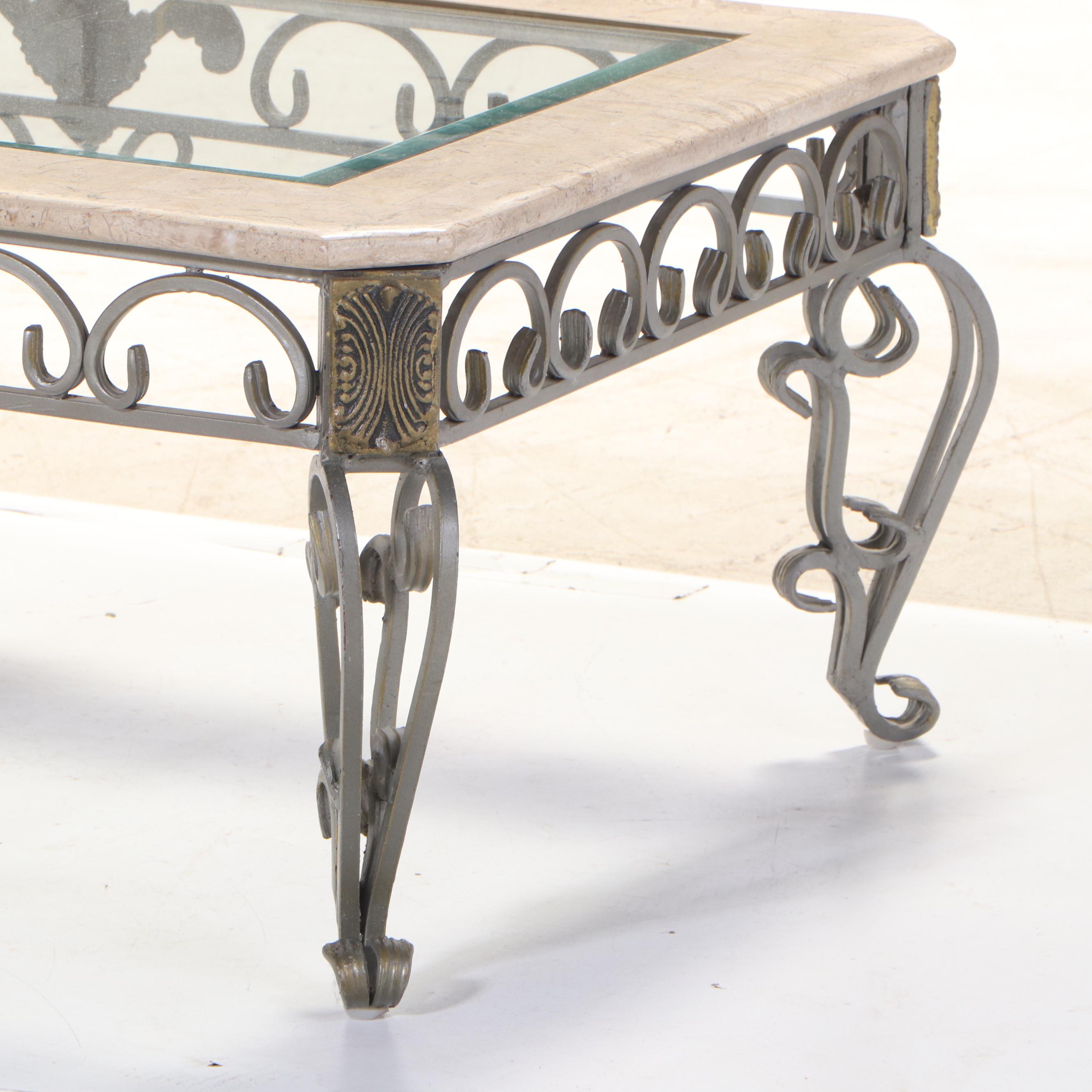 Scrolled Iron, Tessellated Stone, and Glass Top Coffee Table