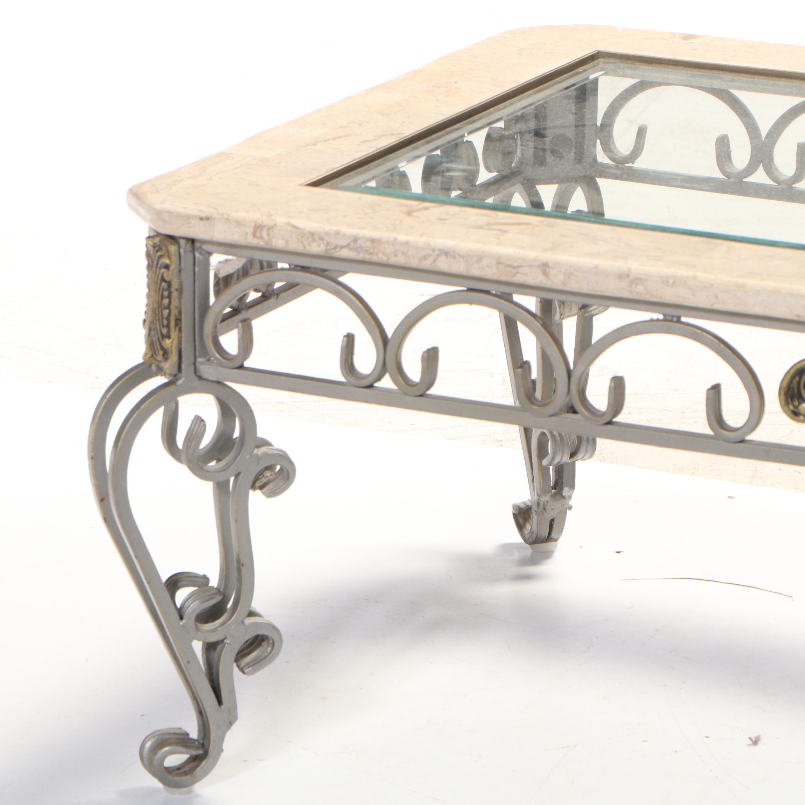 Scrolled Iron, Tessellated Stone, and Glass Top Coffee Table
