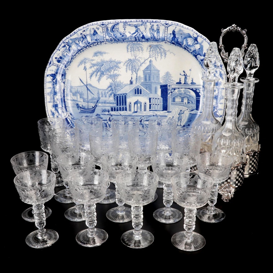 Victorian Style Decanter Set in Caddy with Stemware and Ironstone Platter