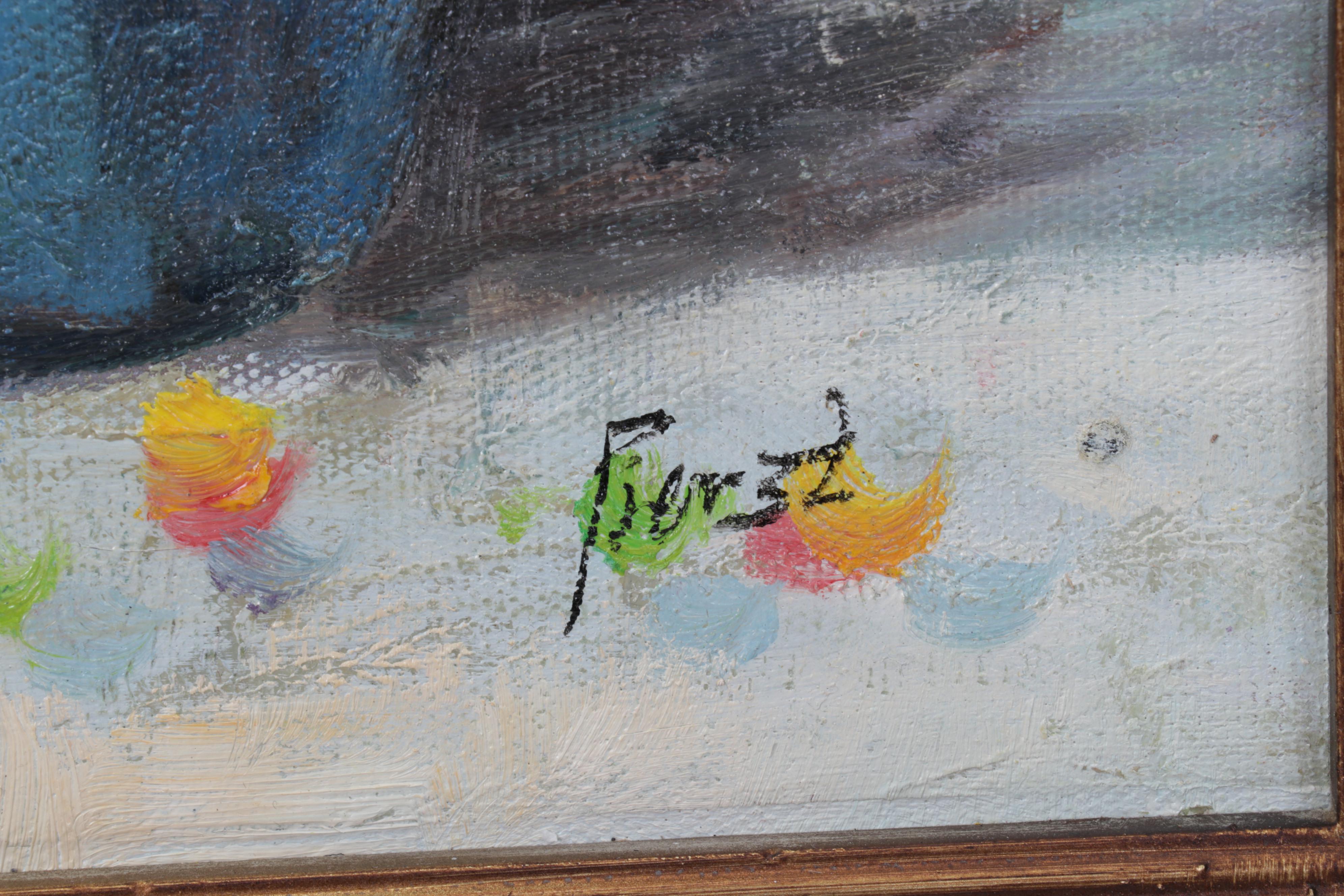 Still Life Oil Painting of Flowers in Blue Vase, Circa 2000