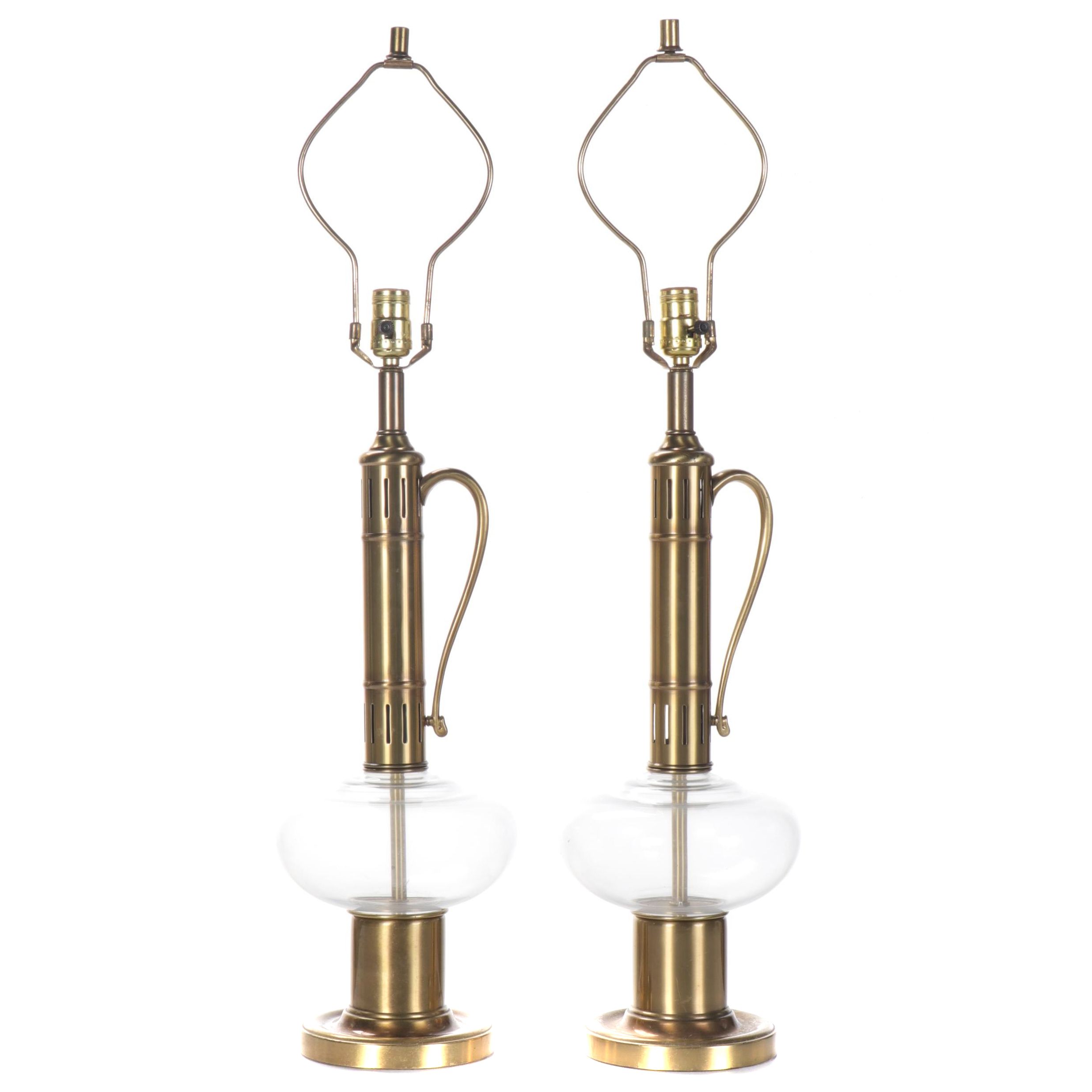 Pair of Brass Handled and Glass Kerosene Table Lamps, Adapted Mid-20th Century