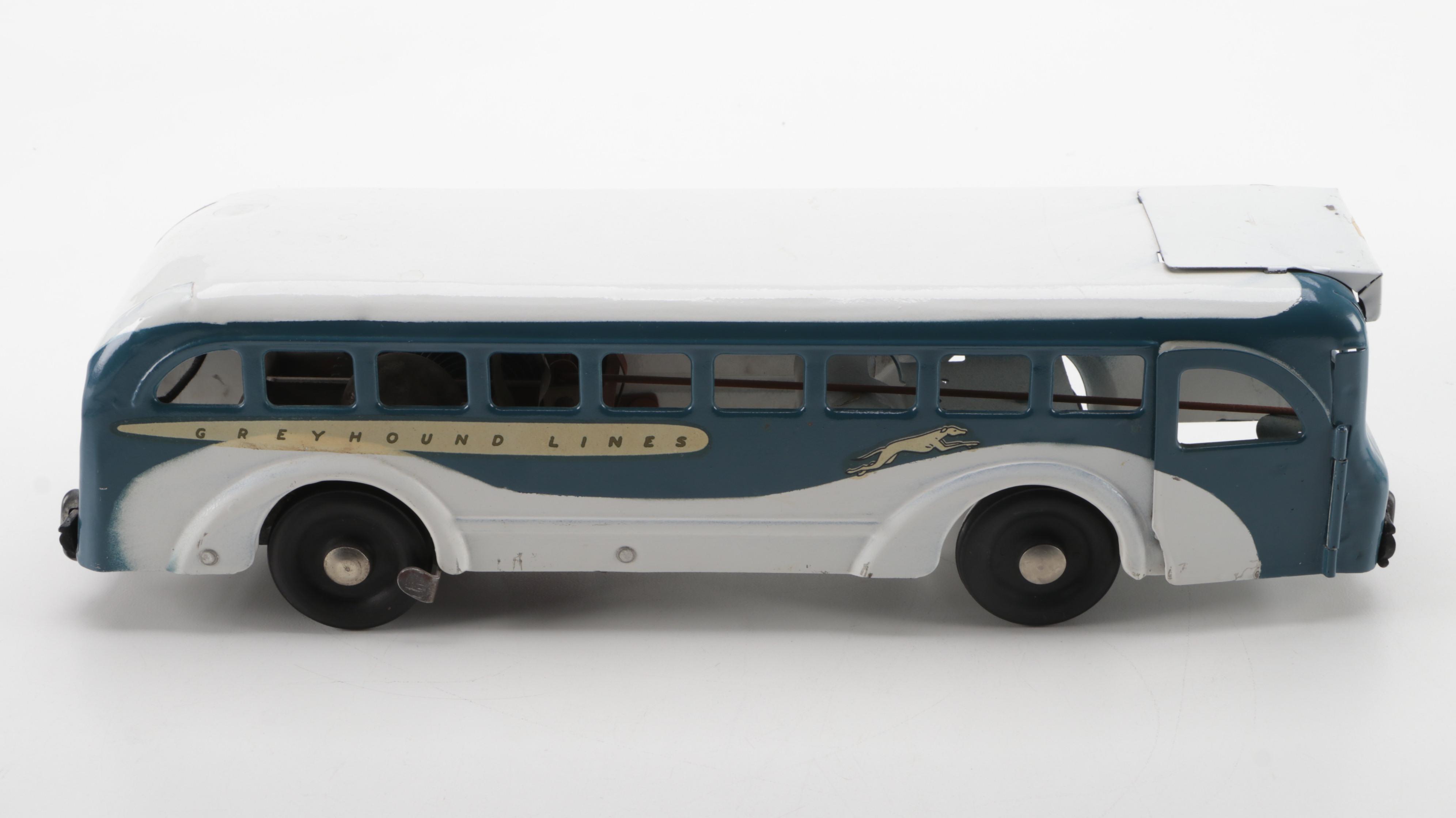 Buddy L #755 Greyhound Lines Wind-Up Pressed Steel Toy Bus, Mid-20th Century