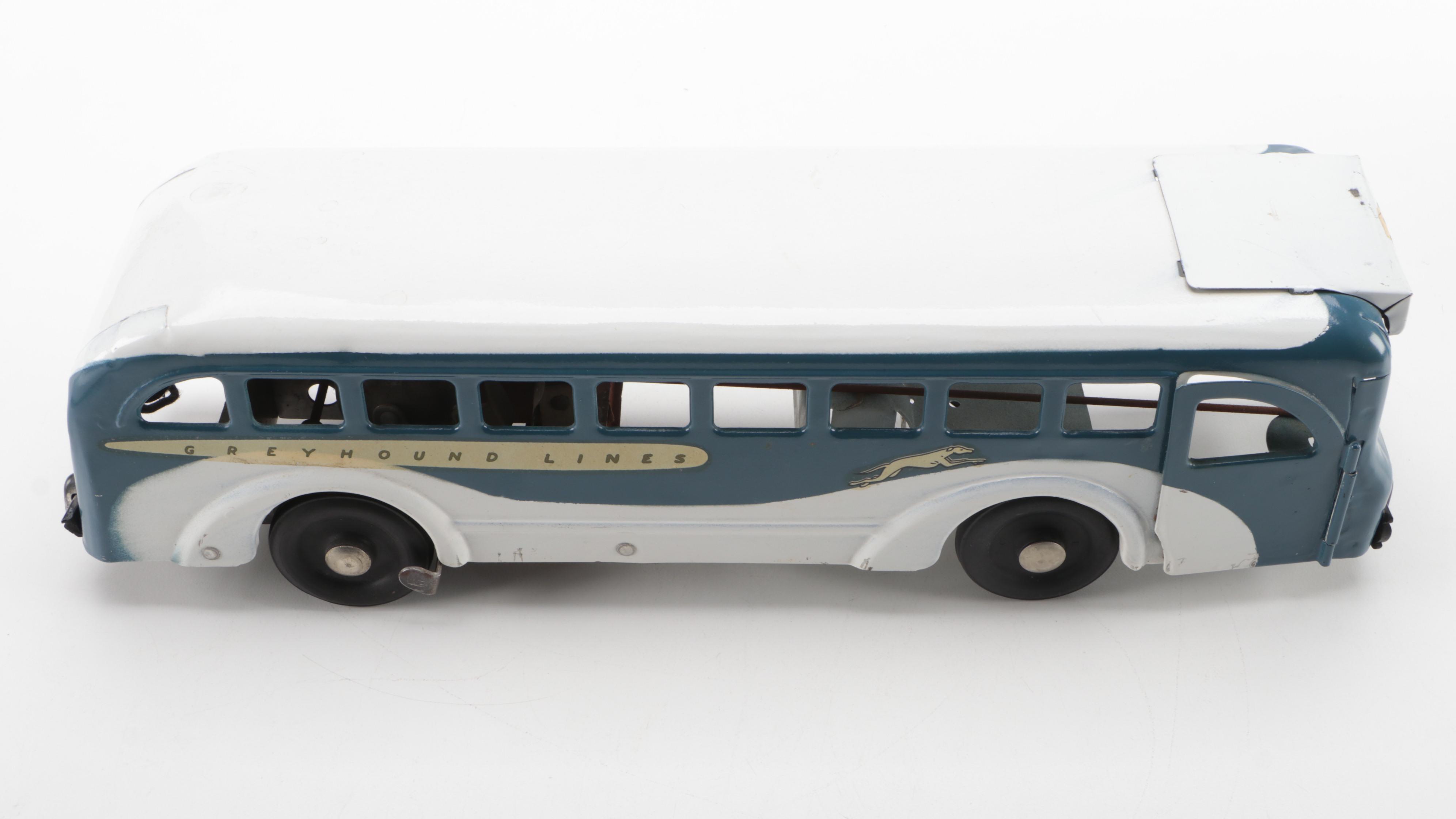 Buddy L #755 Greyhound Lines Wind-Up Pressed Steel Toy Bus, Mid-20th Century