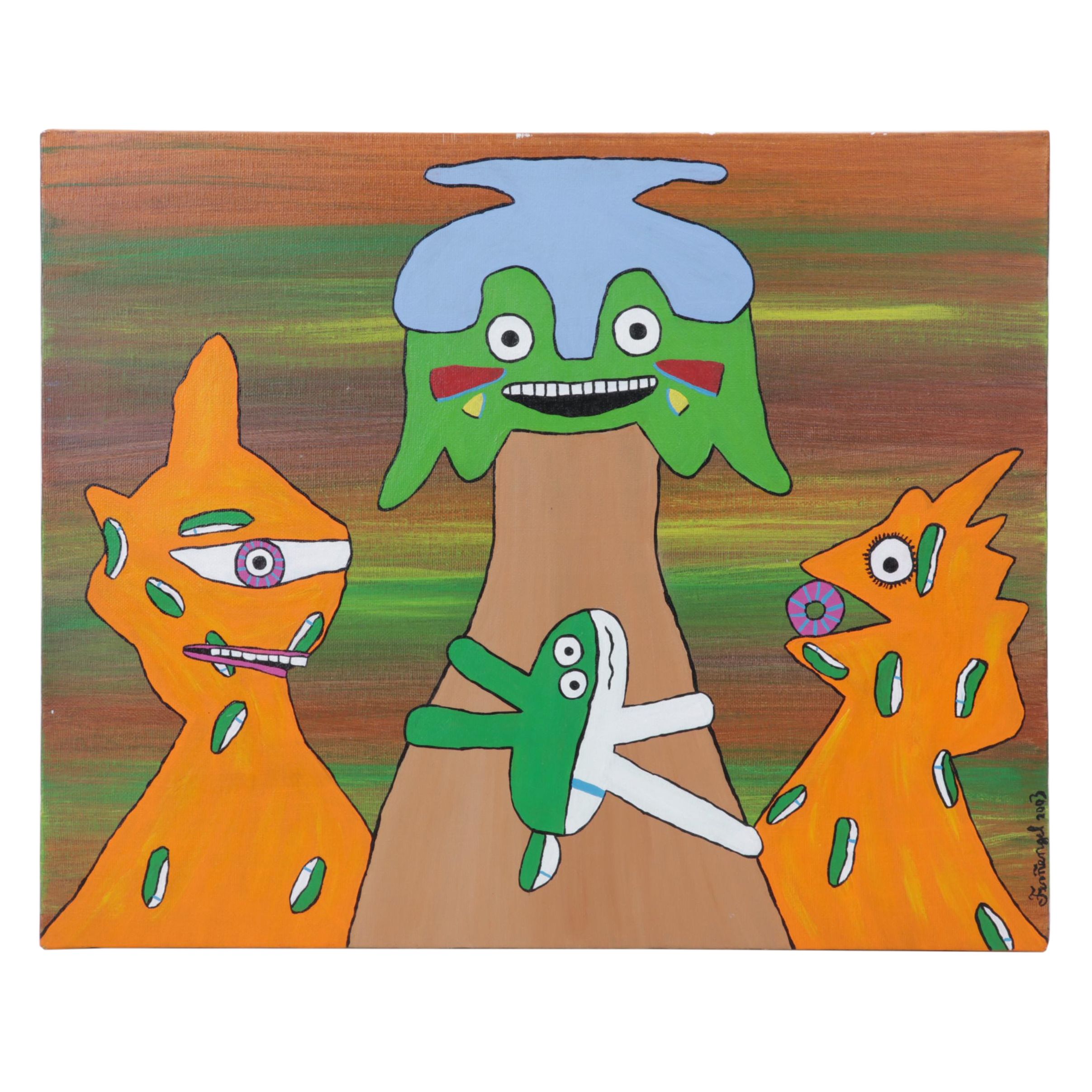 Jeff Fernengel Folk Art Acrylic Painting of Abstract Creatures, 2003