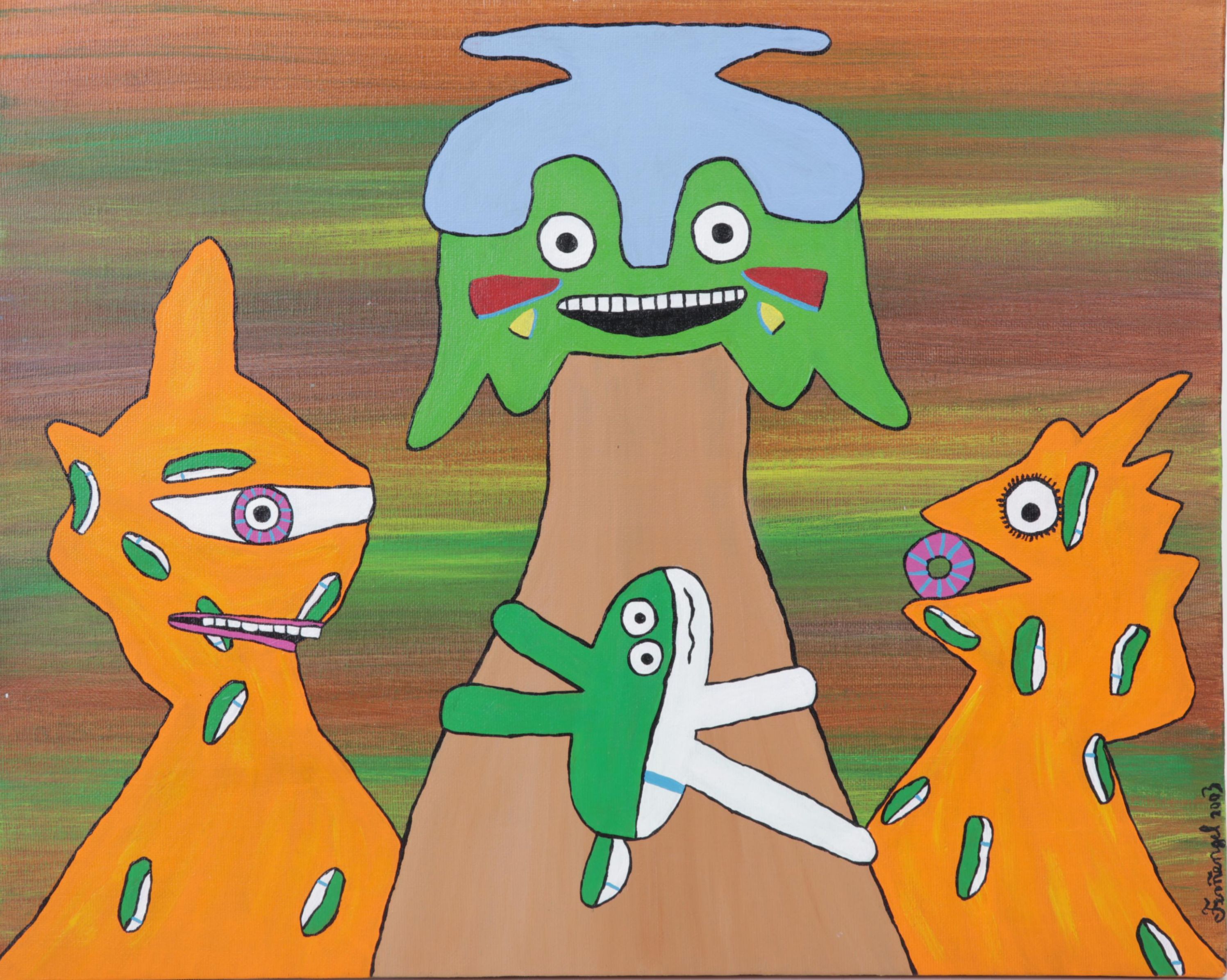 Jeff Fernengel Folk Art Acrylic Painting of Abstract Creatures, 2003