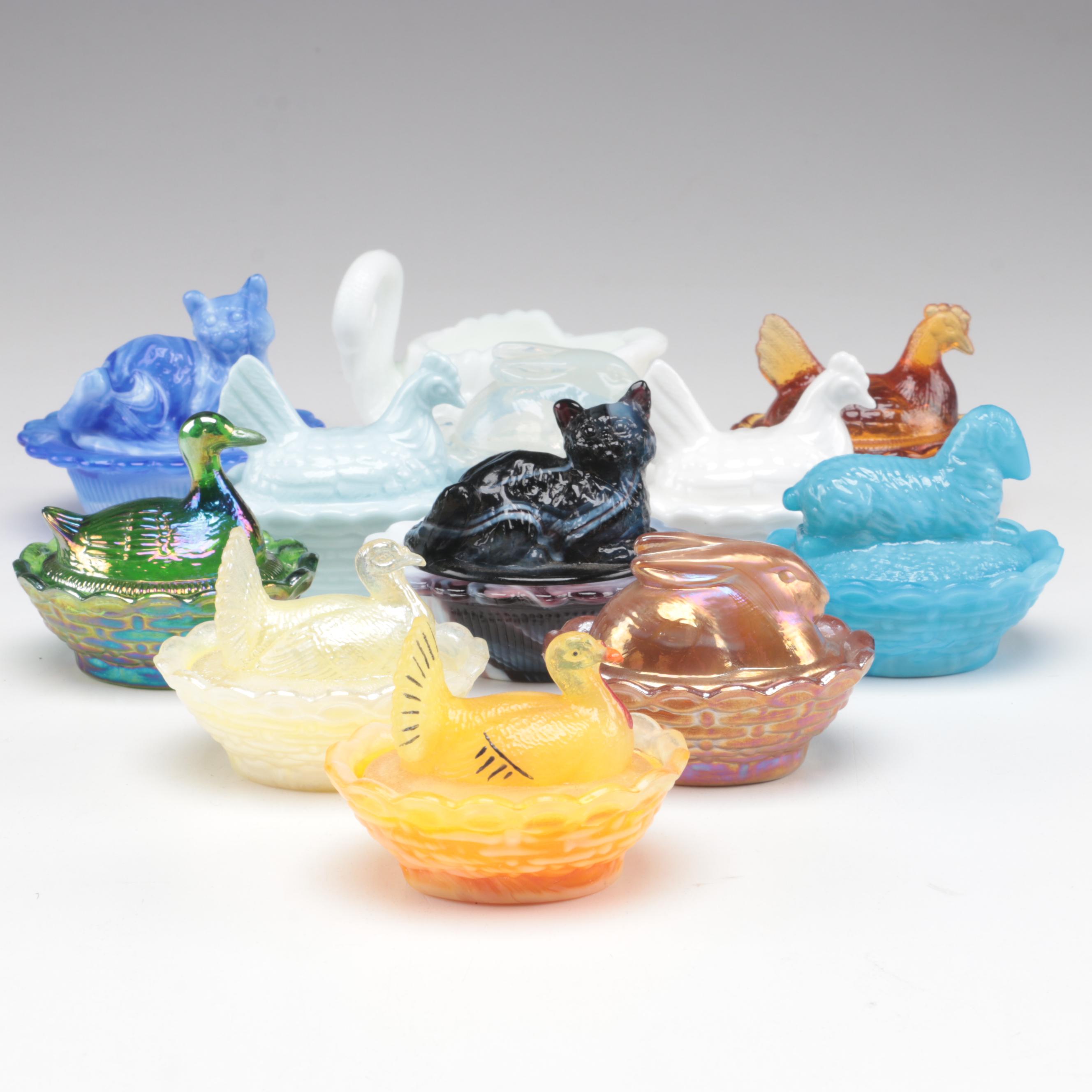 Boyd Milk Glass Swan with Hen and Other Animals On Nest, Glass and Ceramic Boxes