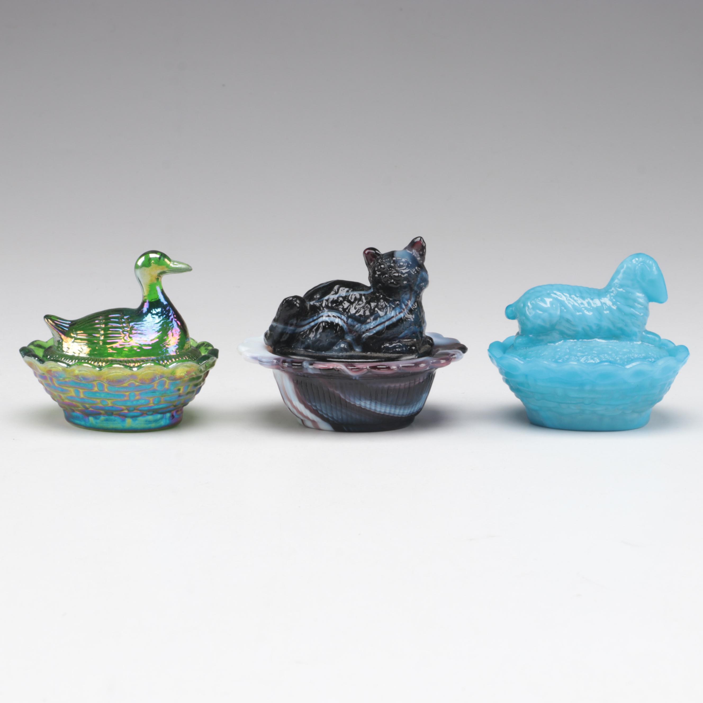 Boyd Milk Glass Swan with Hen and Other Animals On Nest, Glass and Ceramic Boxes