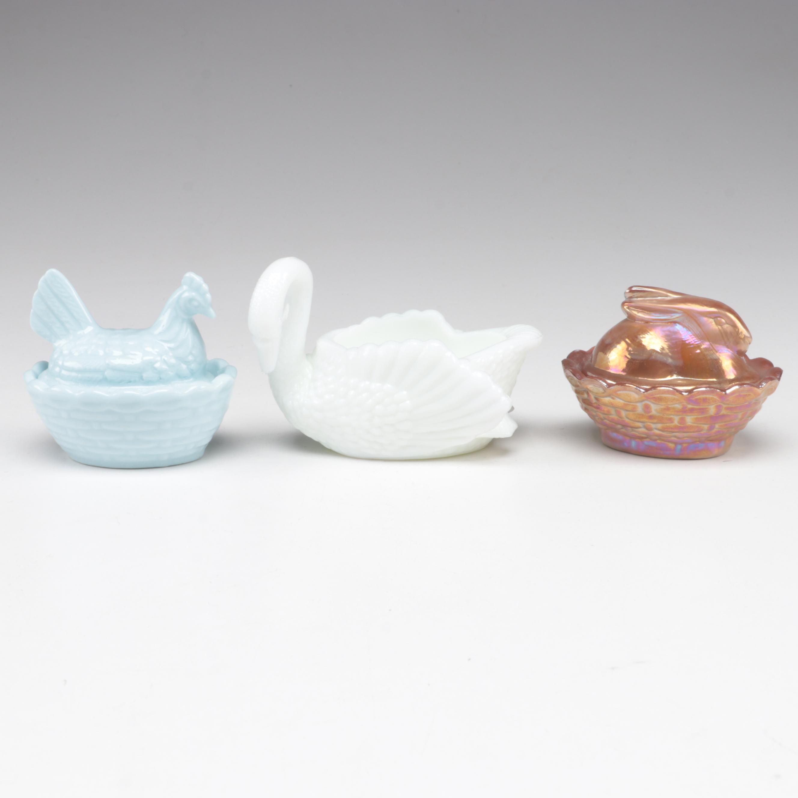 Boyd Milk Glass Swan with Hen and Other Animals On Nest, Glass and Ceramic Boxes