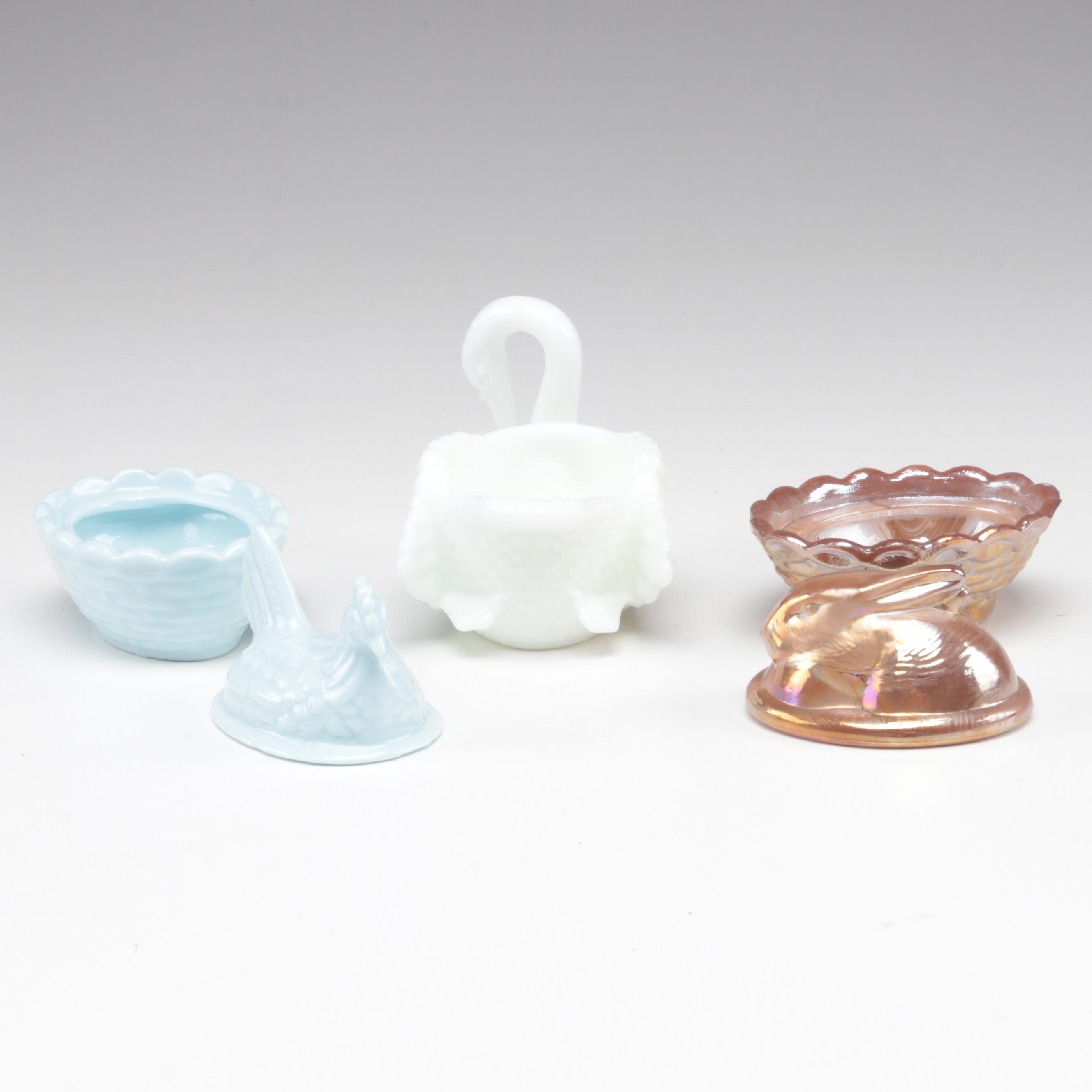 Boyd Milk Glass Swan with Hen and Other Animals On Nest, Glass and Ceramic Boxes