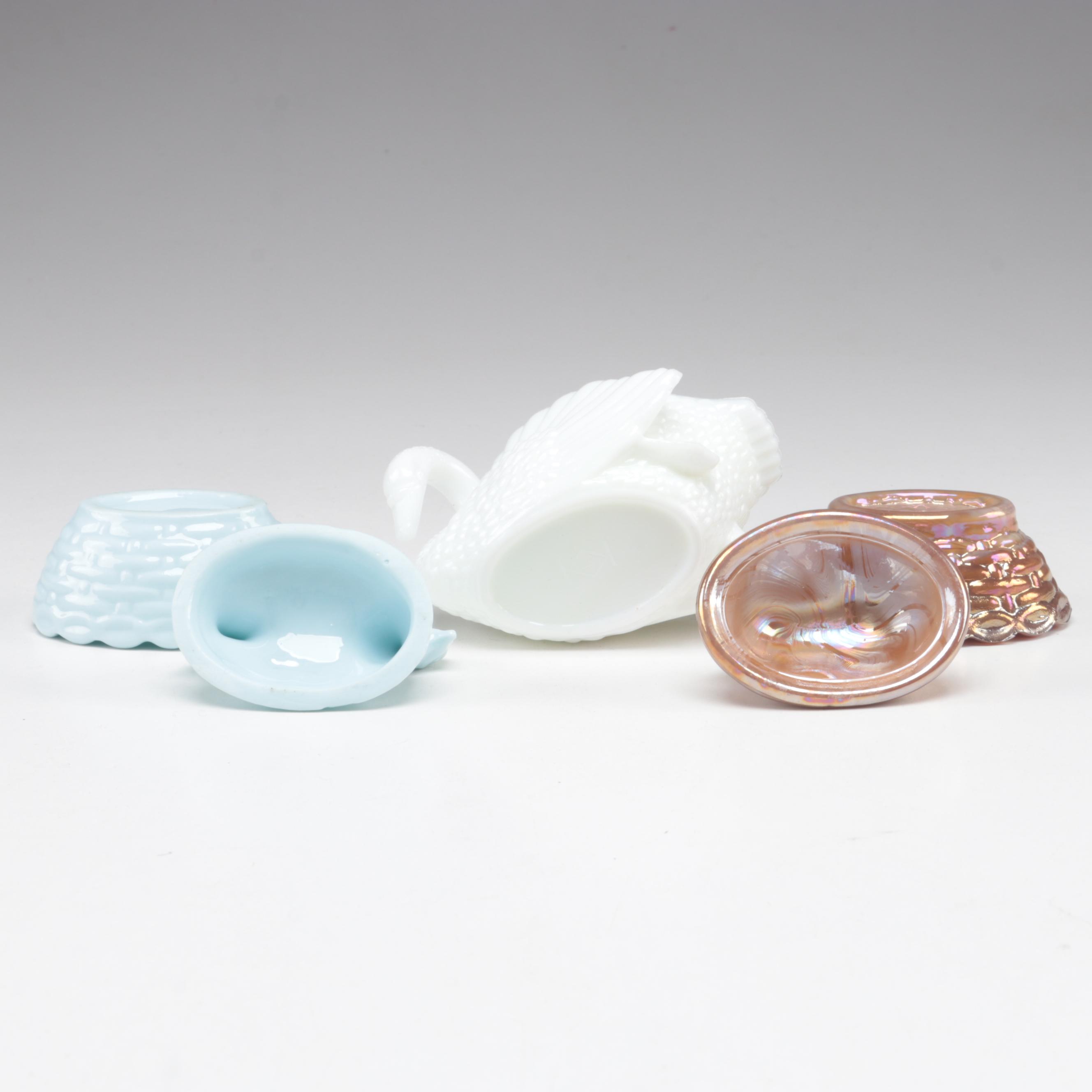 Boyd Milk Glass Swan with Hen and Other Animals On Nest, Glass and Ceramic Boxes