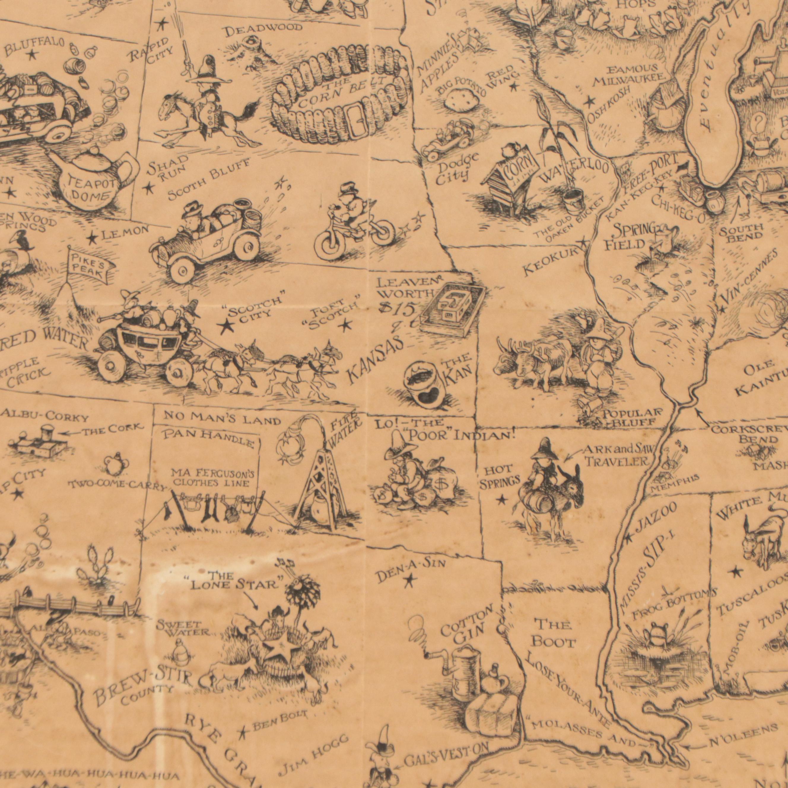 Pictoral Lithographic Map "Bootlegger's Map of the United States"