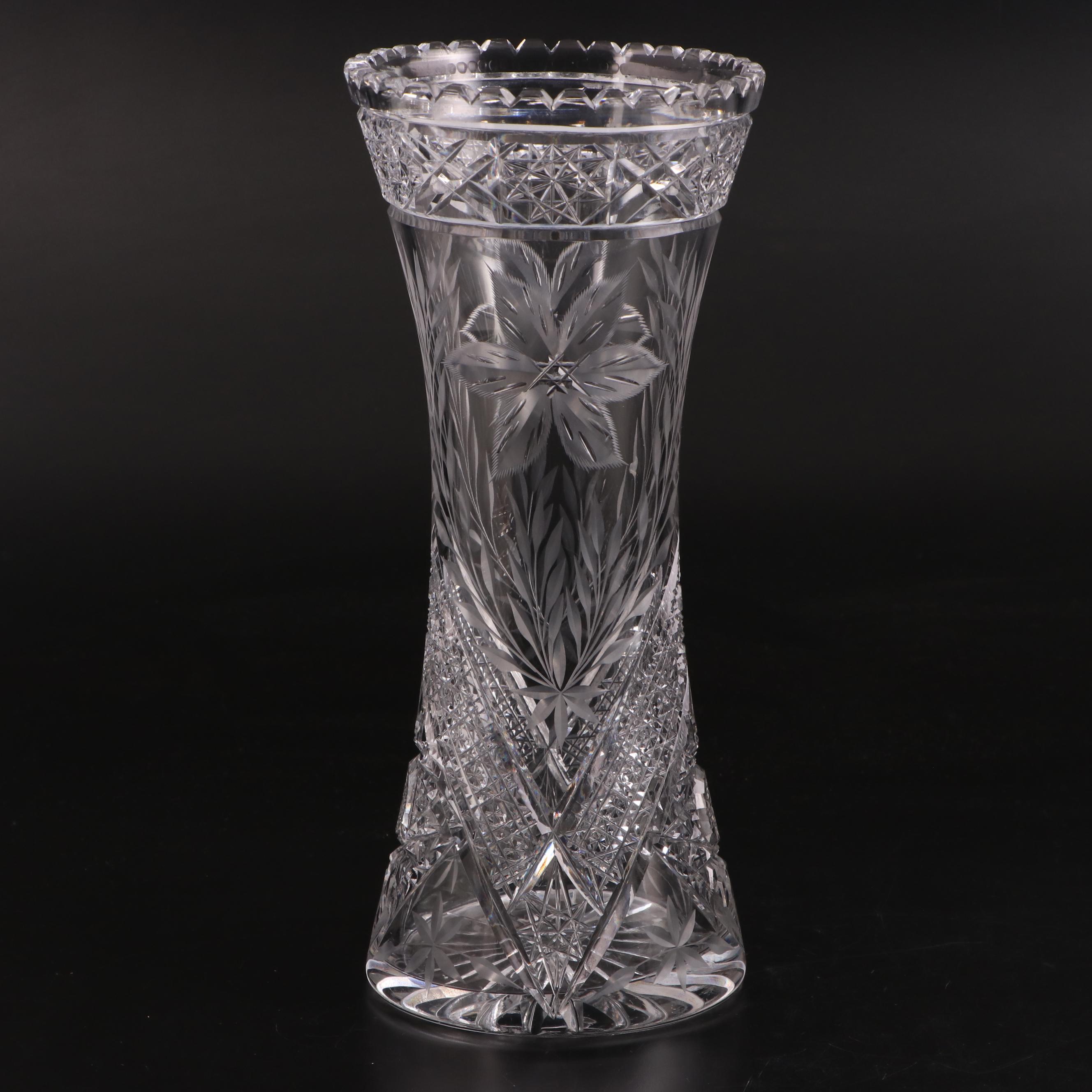 American Brilliant Style Cut and Wheel Engraved Glass Corset Vase
