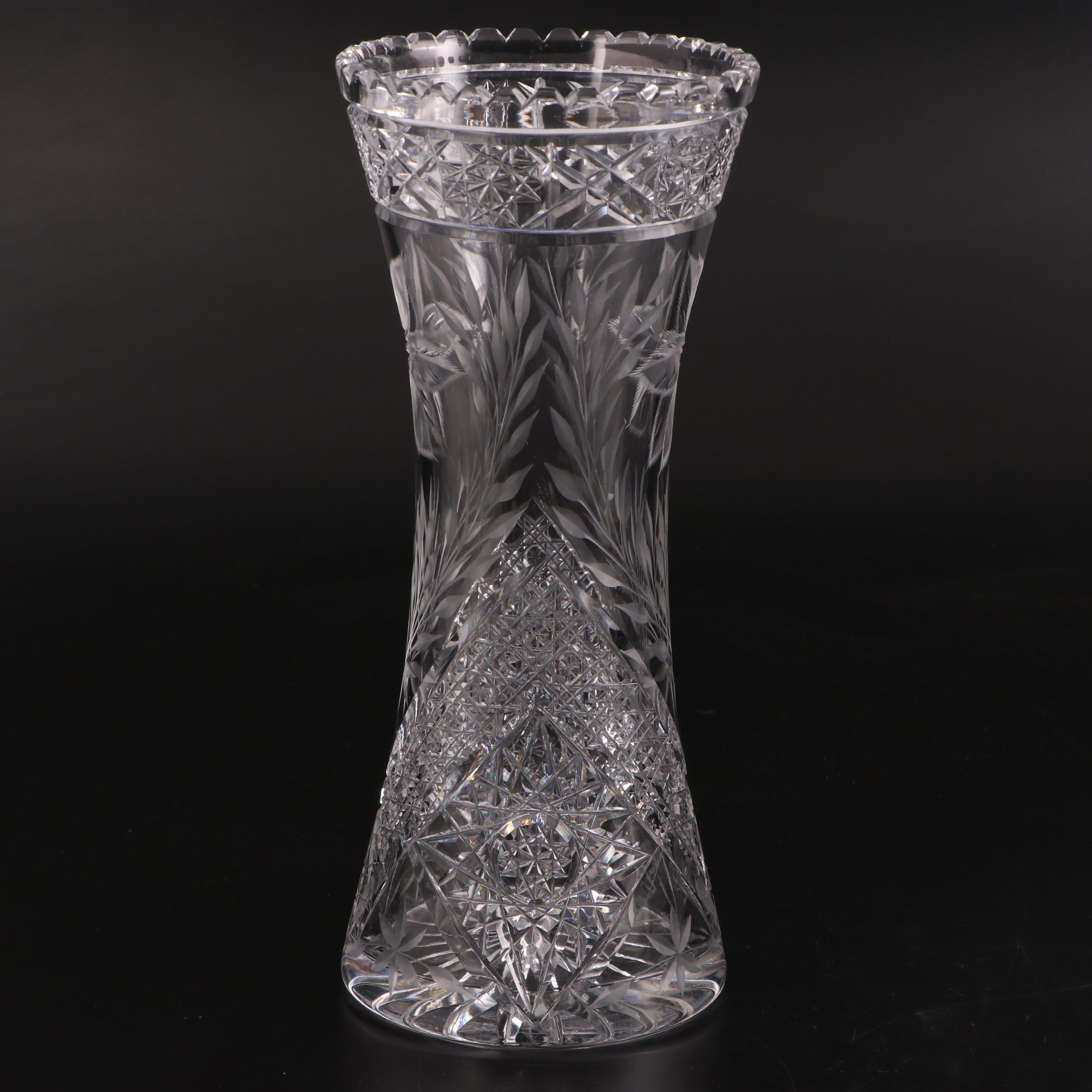 American Brilliant Style Cut and Wheel Engraved Glass Corset Vase