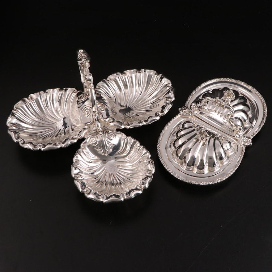 Shell Form Silver Plate Segmented Servers, Mid-20th Century
