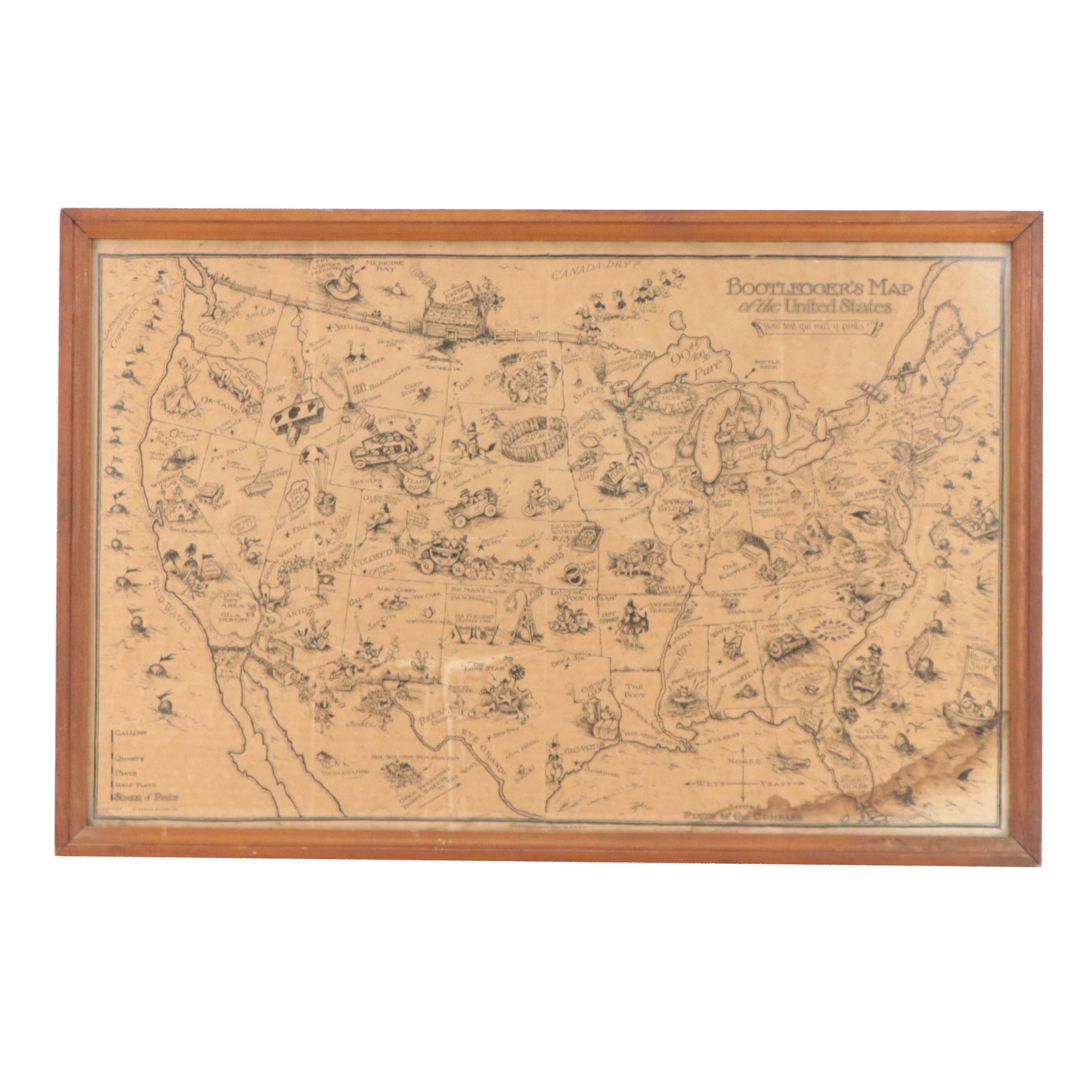 Pictoral Lithographic Map "Bootlegger's Map of the United States"