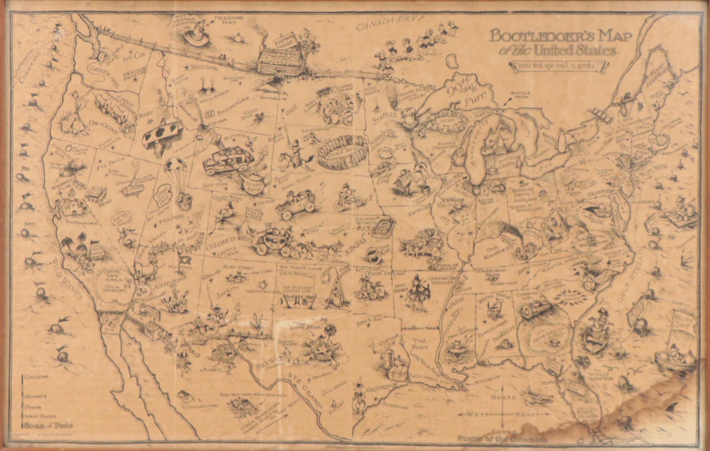 Pictoral Lithographic Map "Bootlegger's Map of the United States"