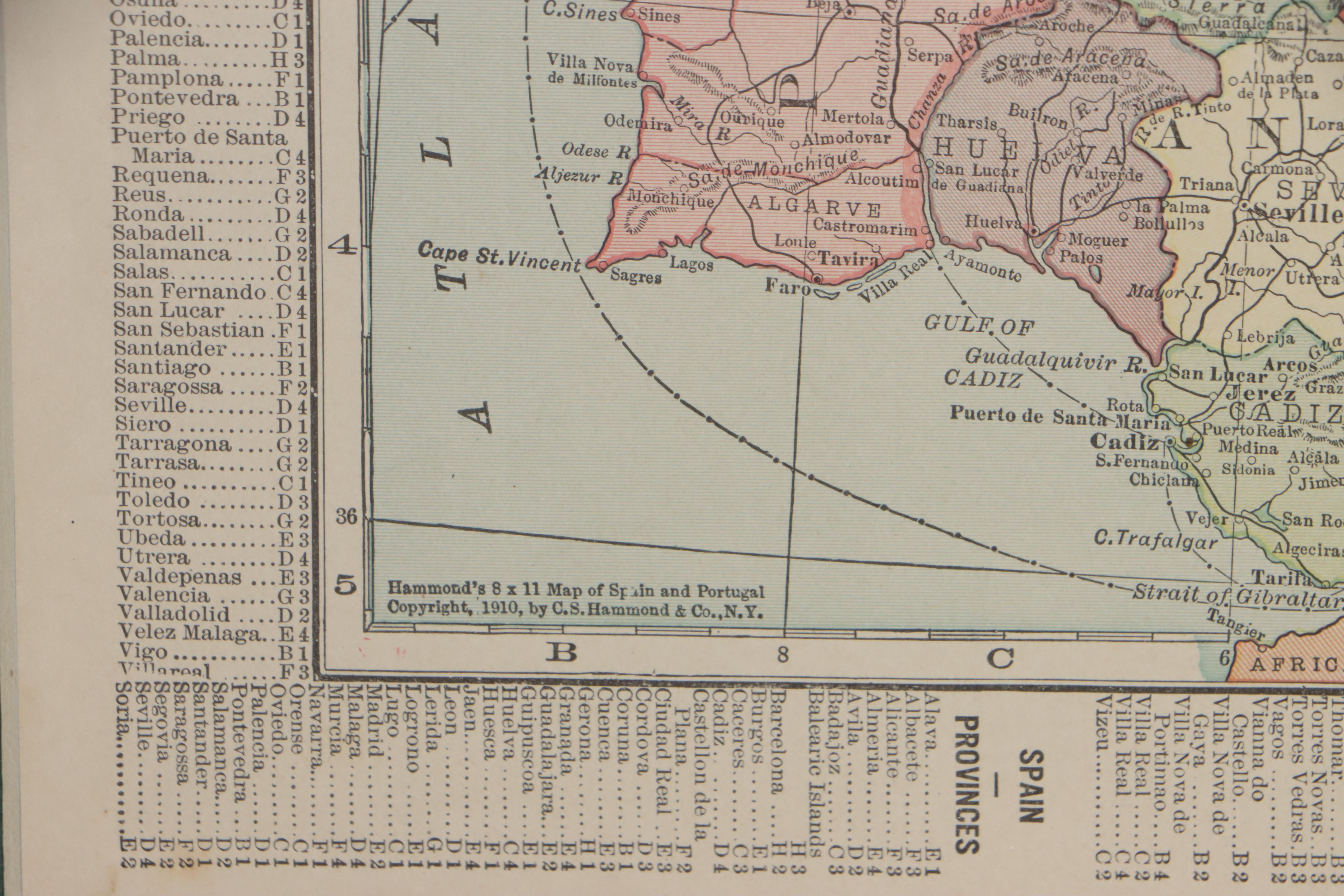 C. S. Hammond & Co. Wax Engraving Map of Spain and Portugal, circa 1910