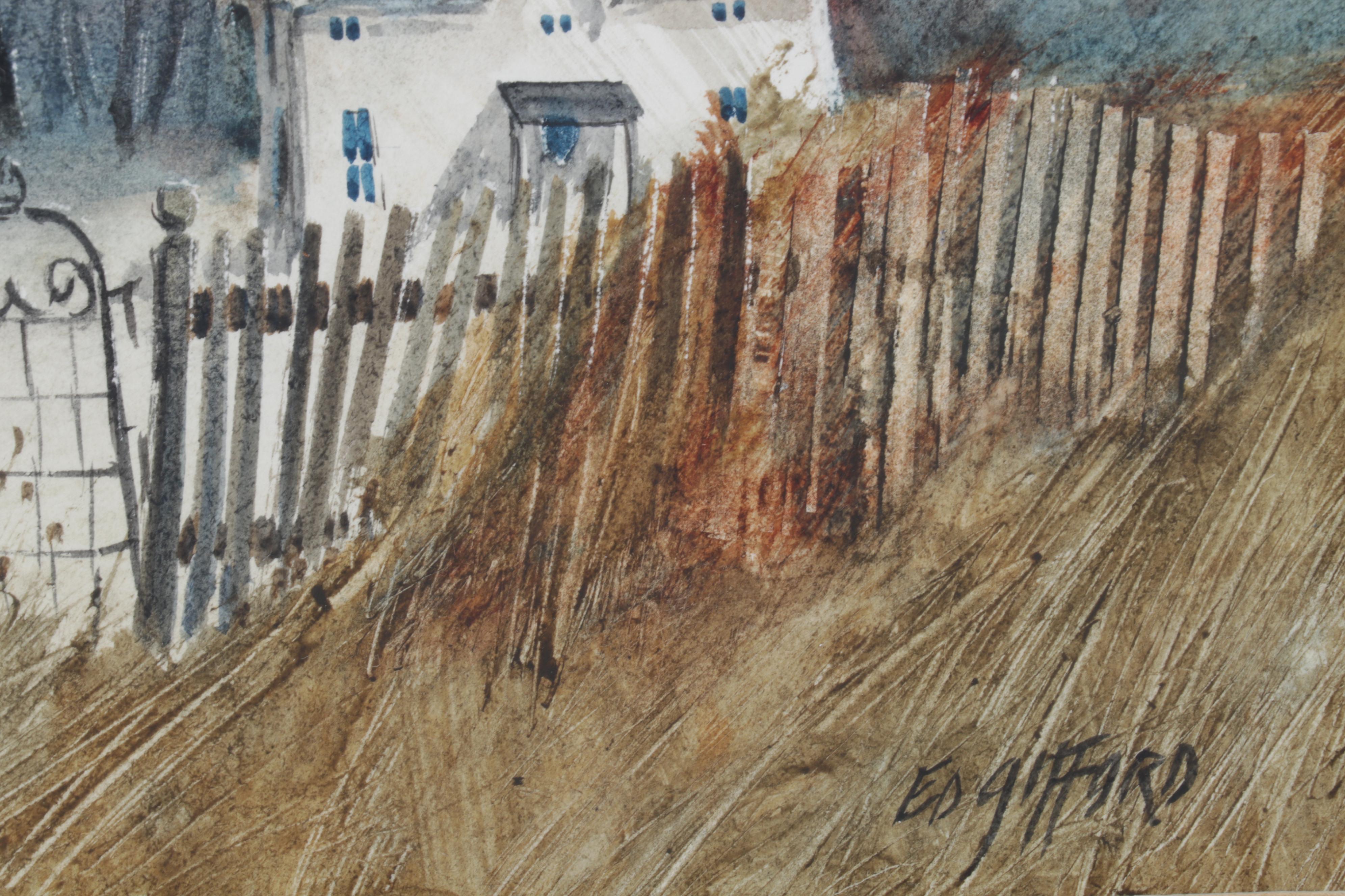 Ed Gifford Watercolor Painting of Iron Gate and White Cottage, Late 20th Century
