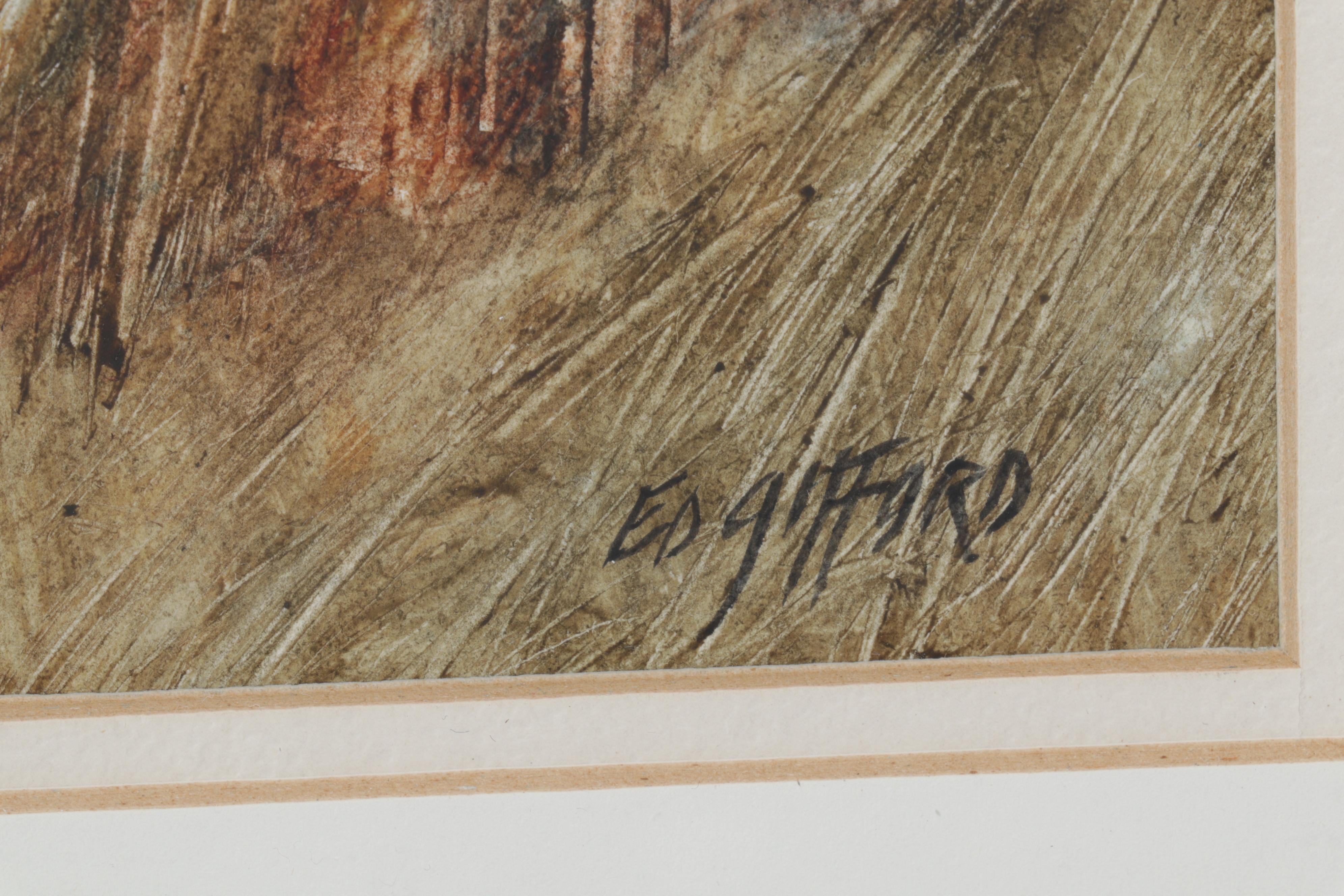 Ed Gifford Watercolor Painting of Iron Gate and White Cottage, Late 20th Century