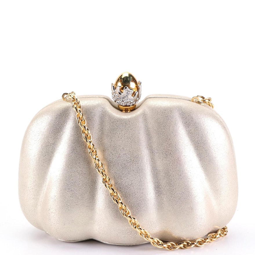 Rodo Hard Frame Evening Bag in Metallic Suede with Chain-Link Strap