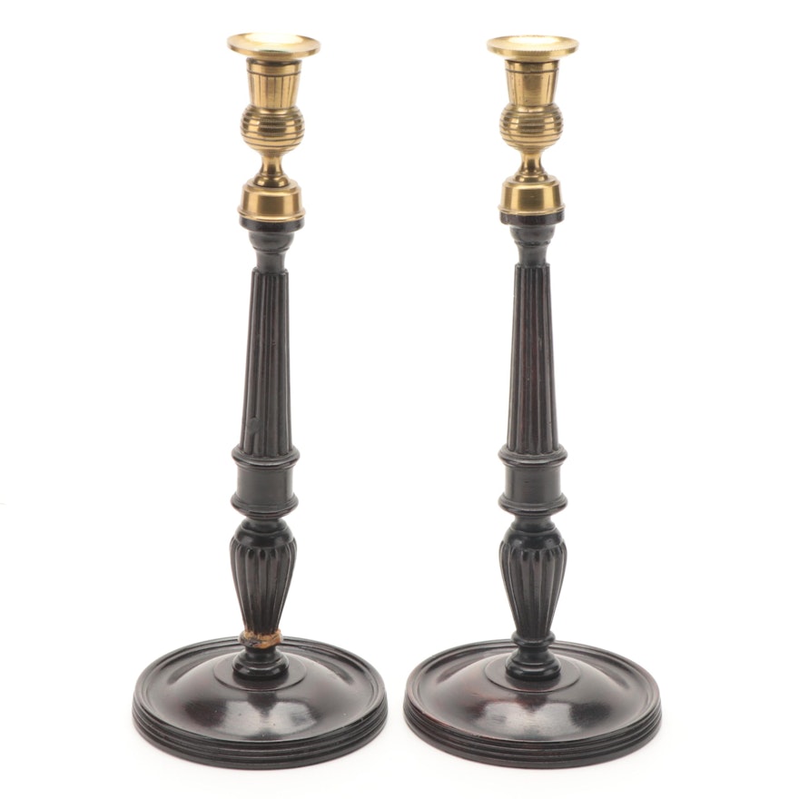 Pair of English Neoclassical Style Brass and Wood Column Candlesticks, 19th C.