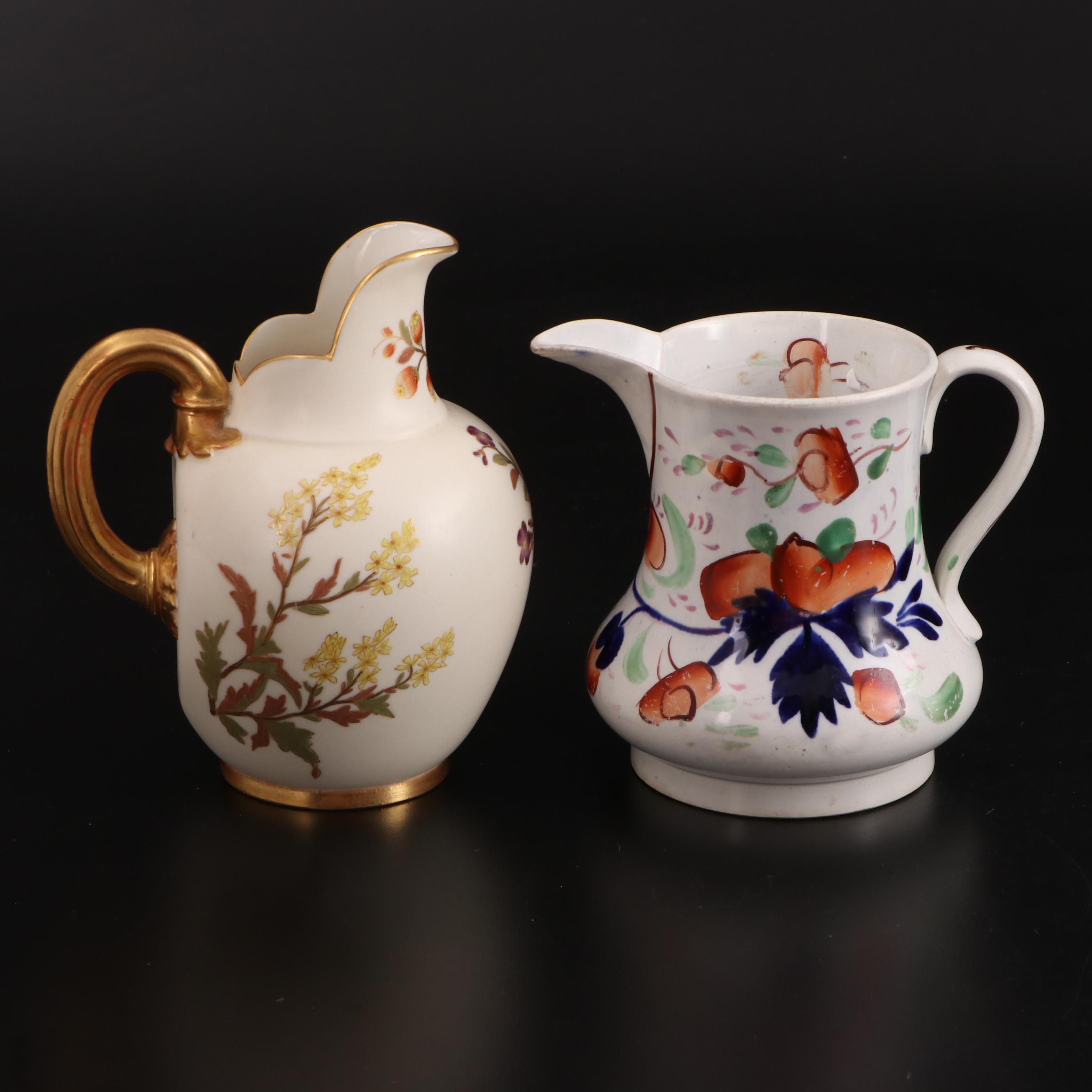 Royal Worcester and English Gaudy Welsh Pitchers with Morimura Bros Box.