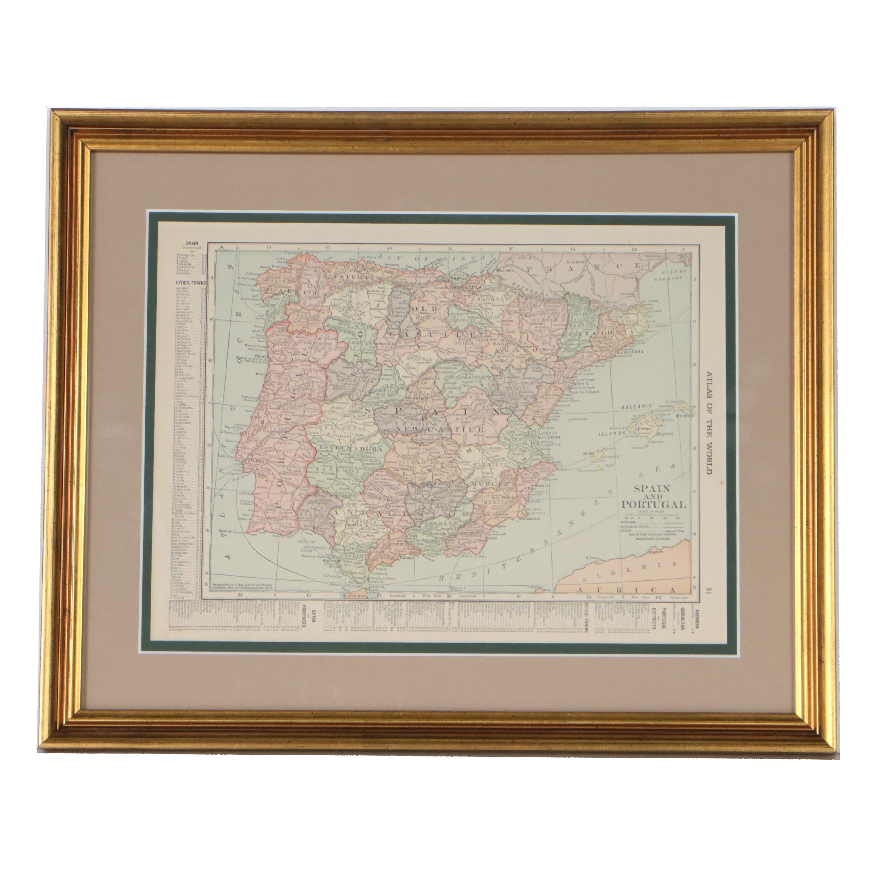 C. S. Hammond & Co. Wax Engraving Map of Spain and Portugal, circa 1910