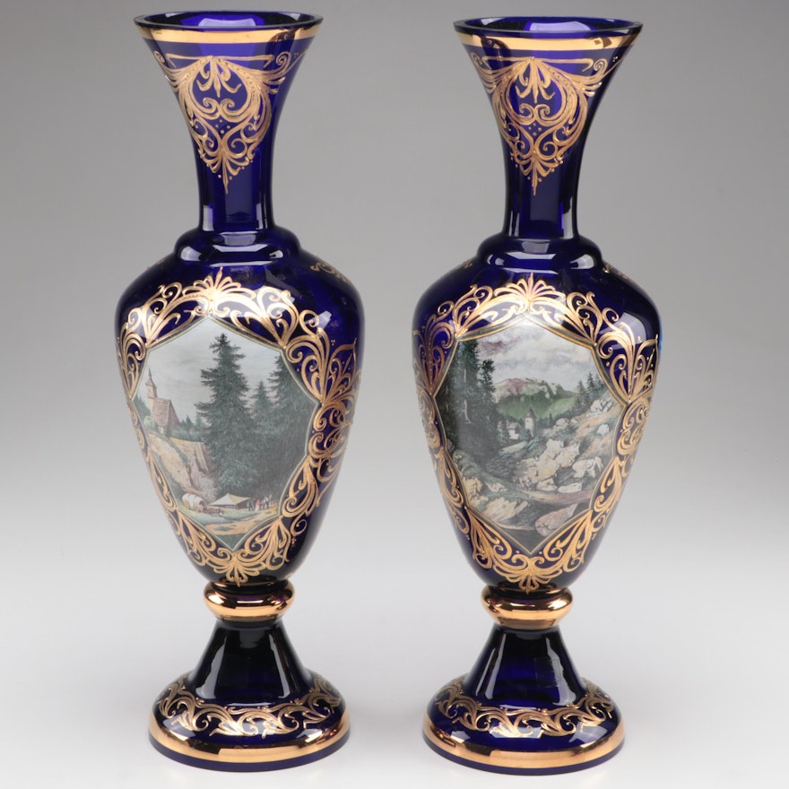 Bohemian Gilt and Enamel with Hand-Painted Landscape Blue Czech Art Glass Vases