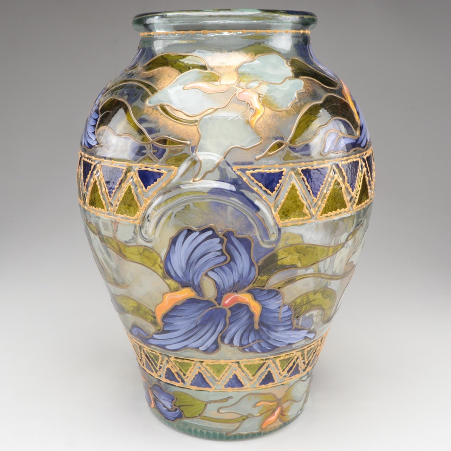 Venetian Mold Blown Hand-Painted, Enameled and Gilt with Irises Art Glass Vase