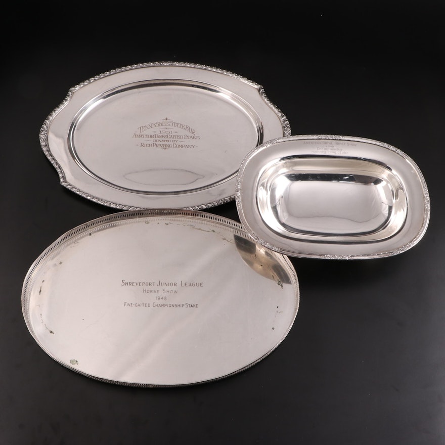 American Silver Plate Horse Show Trophy Trays and Pedestal Bowl, Mid-20th C.