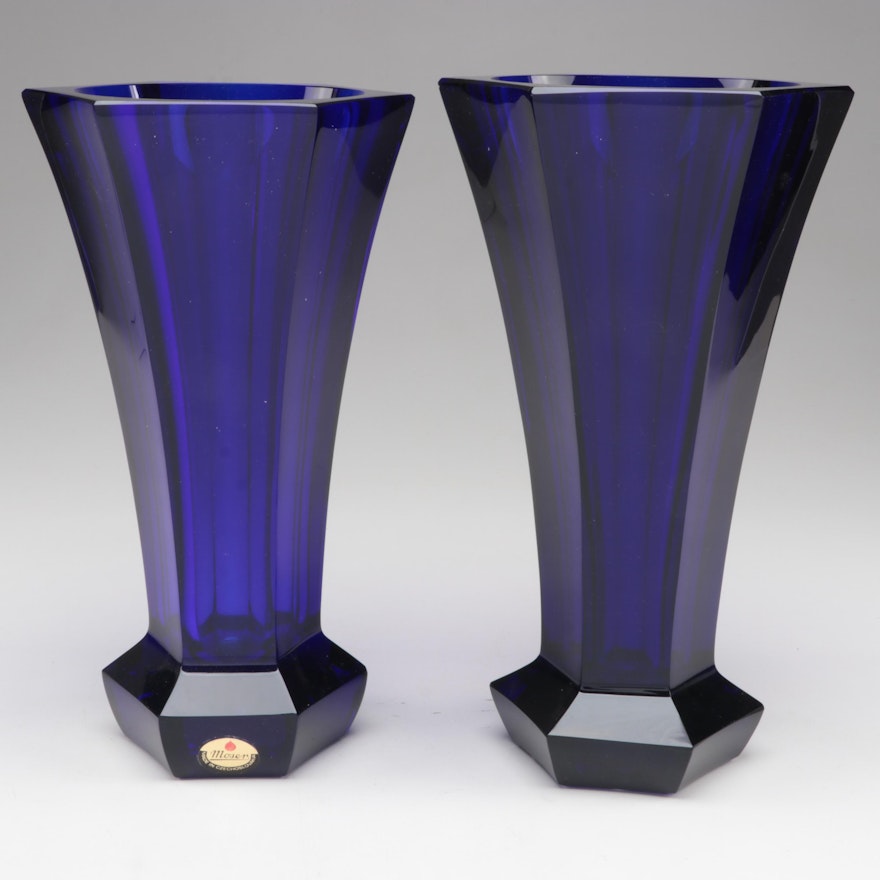 Moser "Unity" Faceted Cut Cobalt Blue Czech Crystal Vases, Late 20th Century