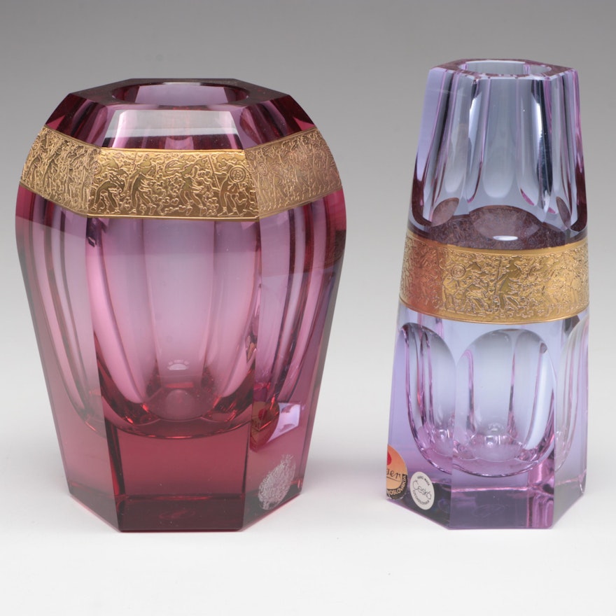 Moser Cut Alexandrite and Rosalin Czech Crystal Vases with Gilt Warrior Frieze