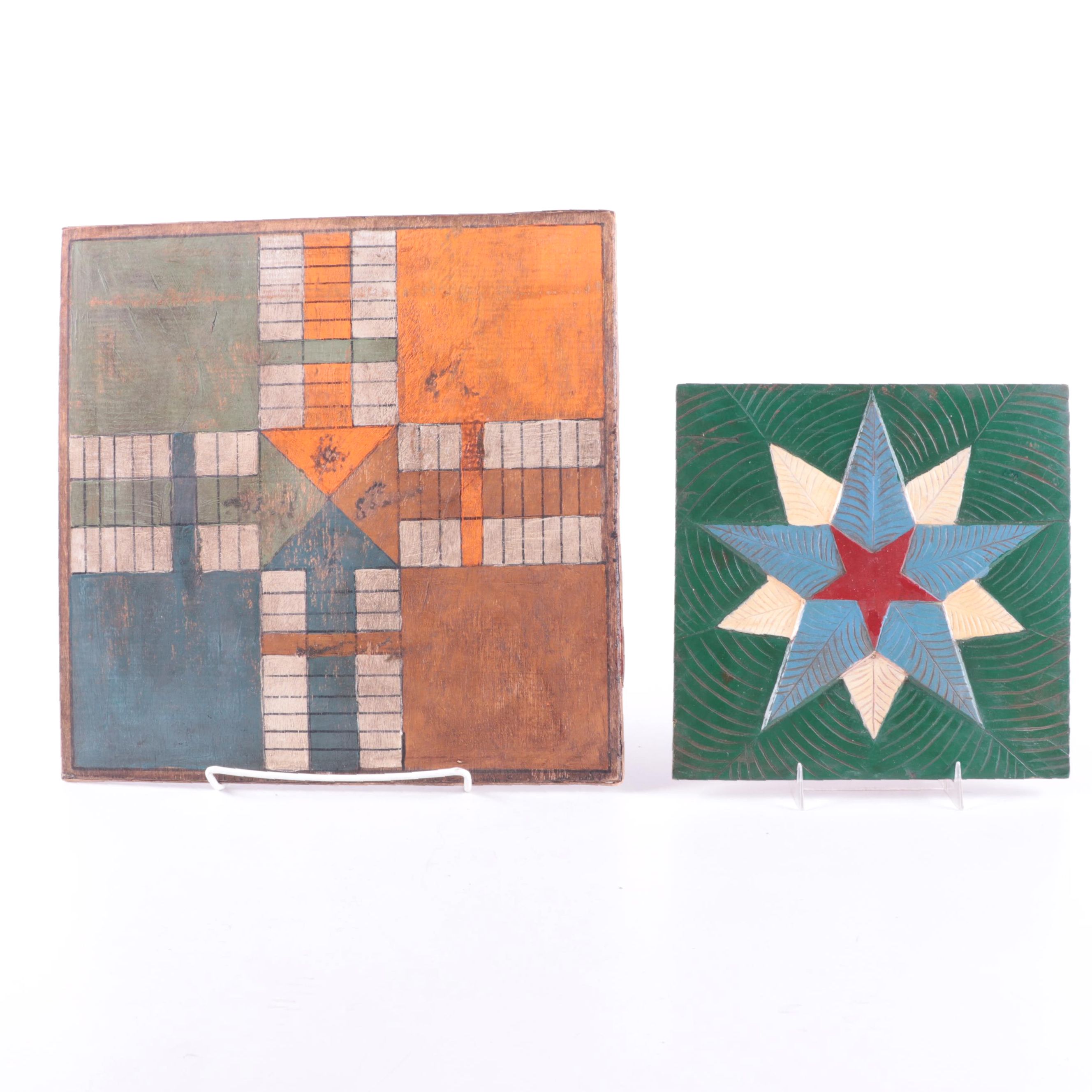 Hand-Painted Parcheesi Board With Folk Art Five-Point Star Décor