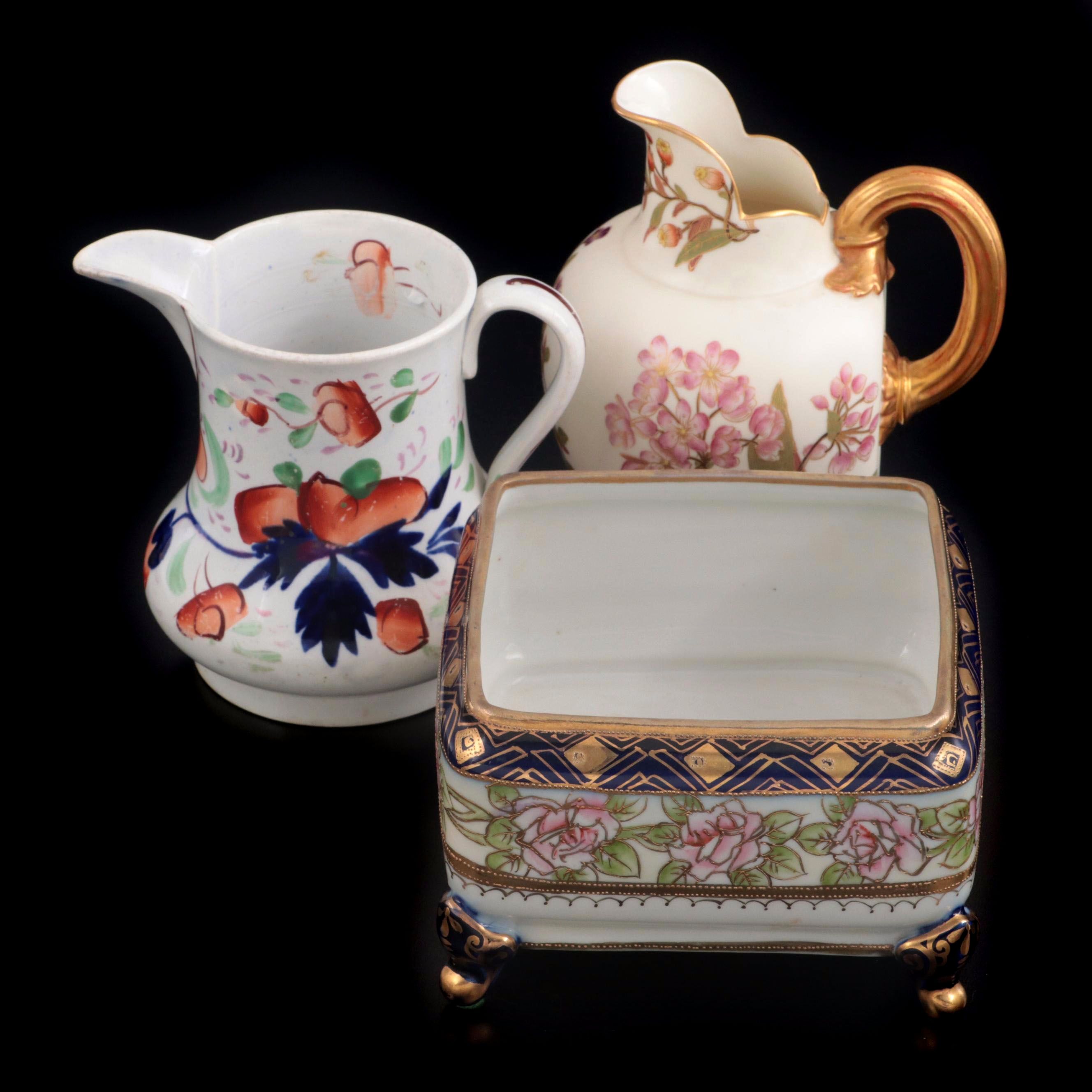 Royal Worcester and English Gaudy Welsh Pitchers with Morimura Bros Box.