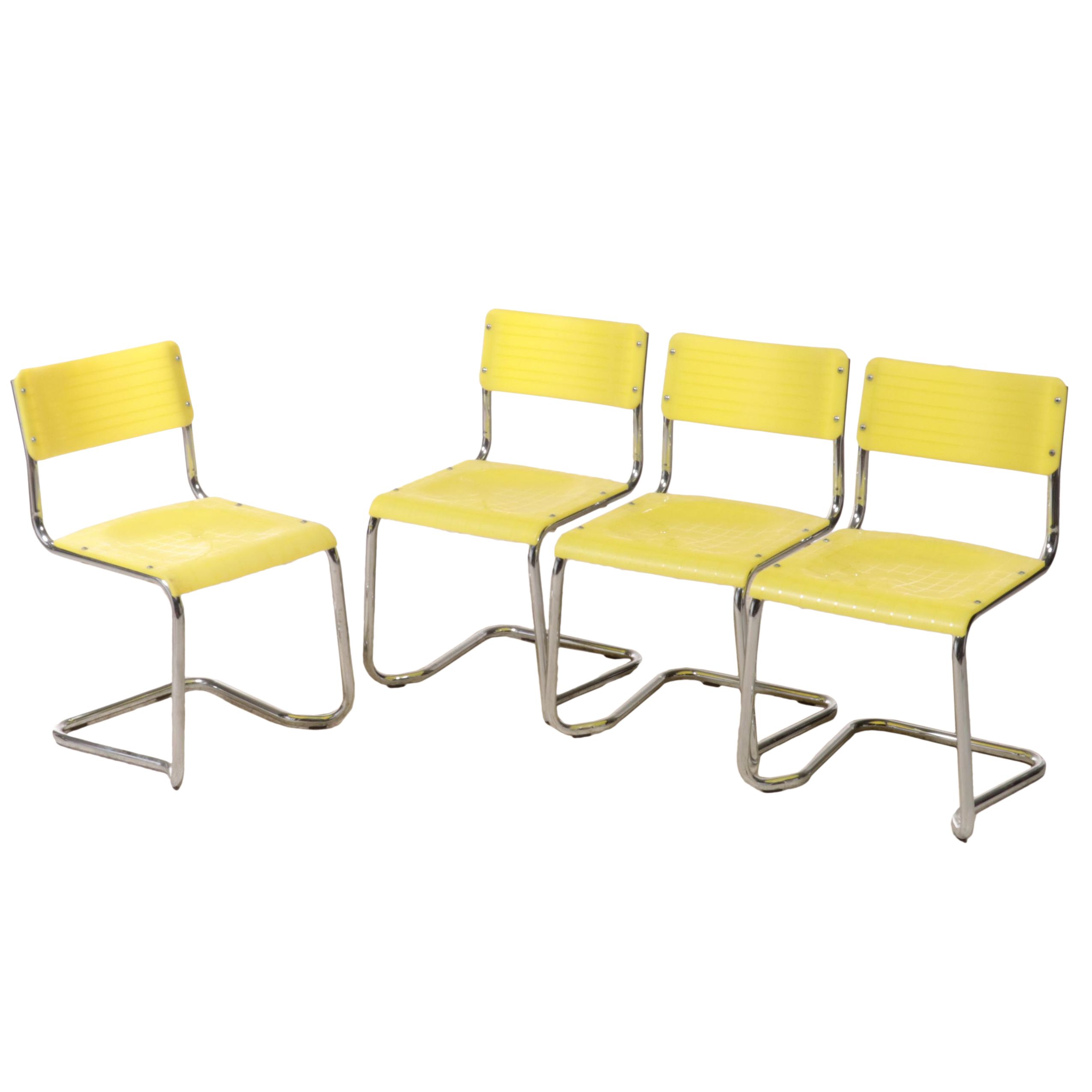Four Italian Modernist Yellow Plastic and Chromed Metal Cantilever Side Chairs