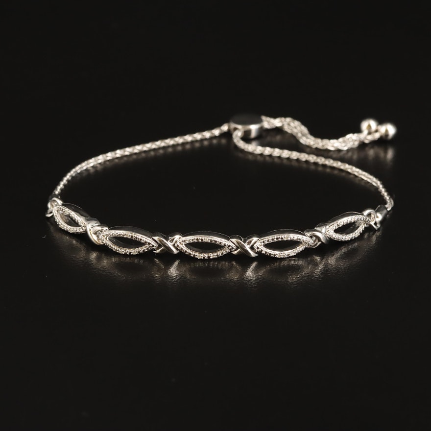 Sterling Diamond Navette Link Bolo Bracelet