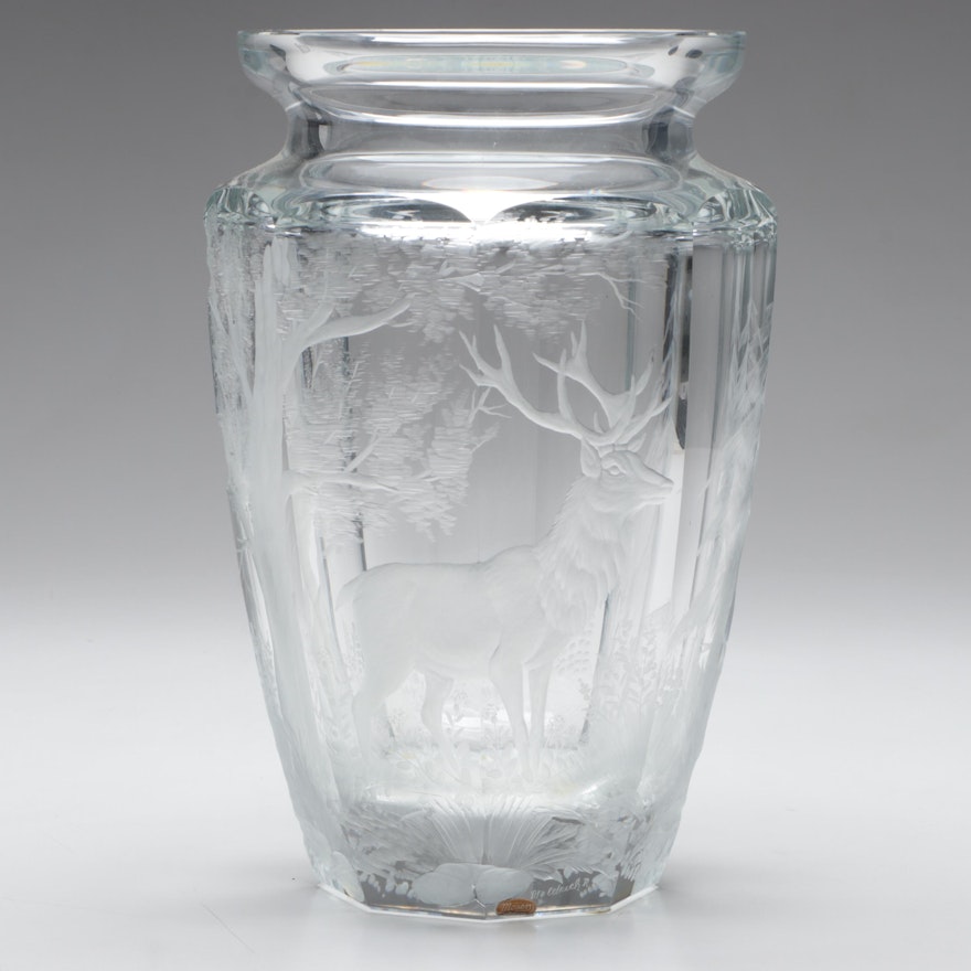 Artist Signed Moser Landscape with Elk Engraved Czech Crystal Vase, Late 20th C.