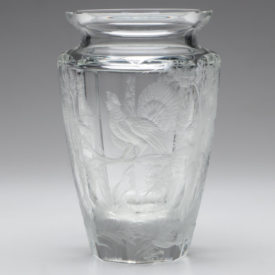 Josef Balcar for Moser Landscape with Grouse Engraved Czech Crystal Vase, 1977