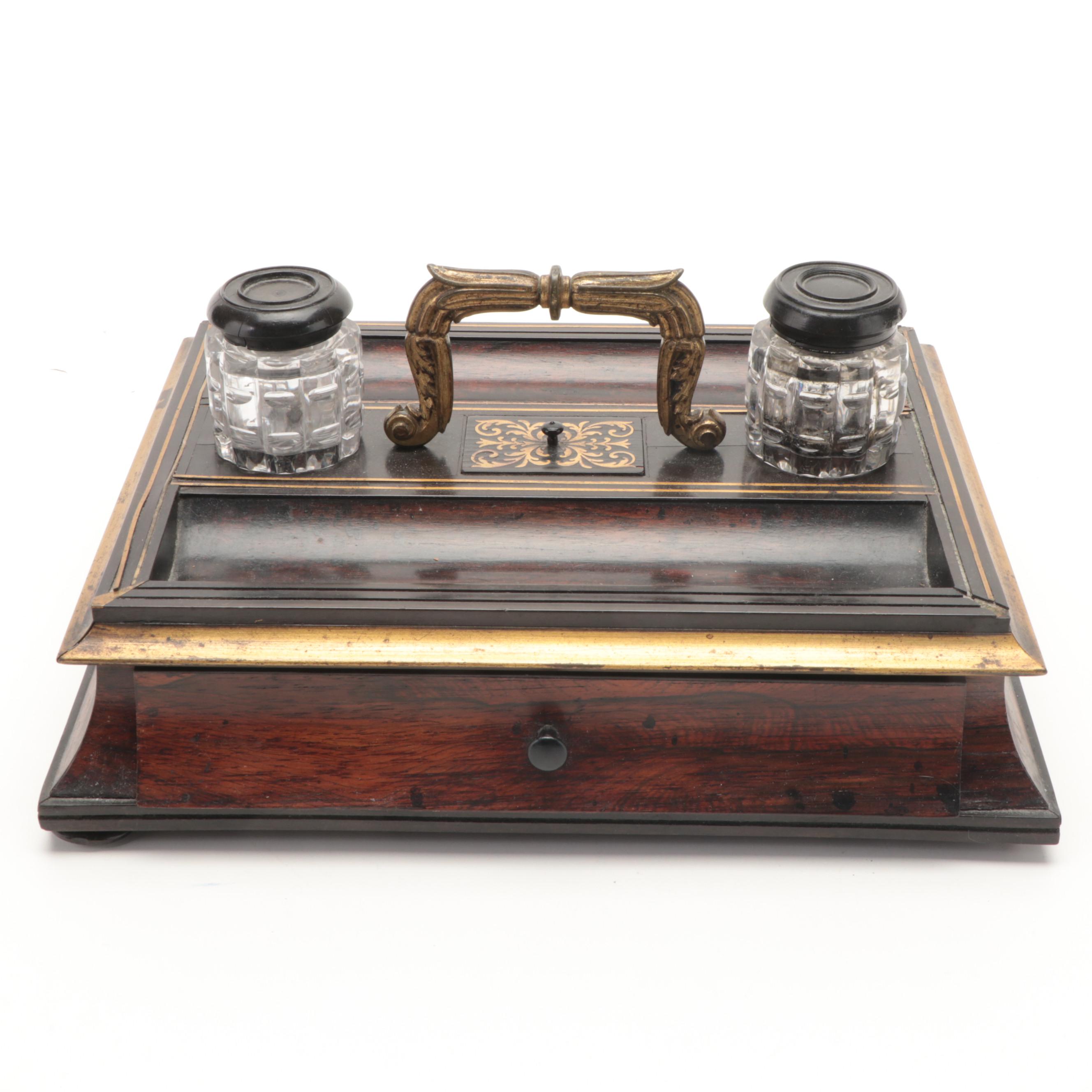 Brass Handled Desk Tidy with Inkwells and Mother-of-Pearl Fountain Pen