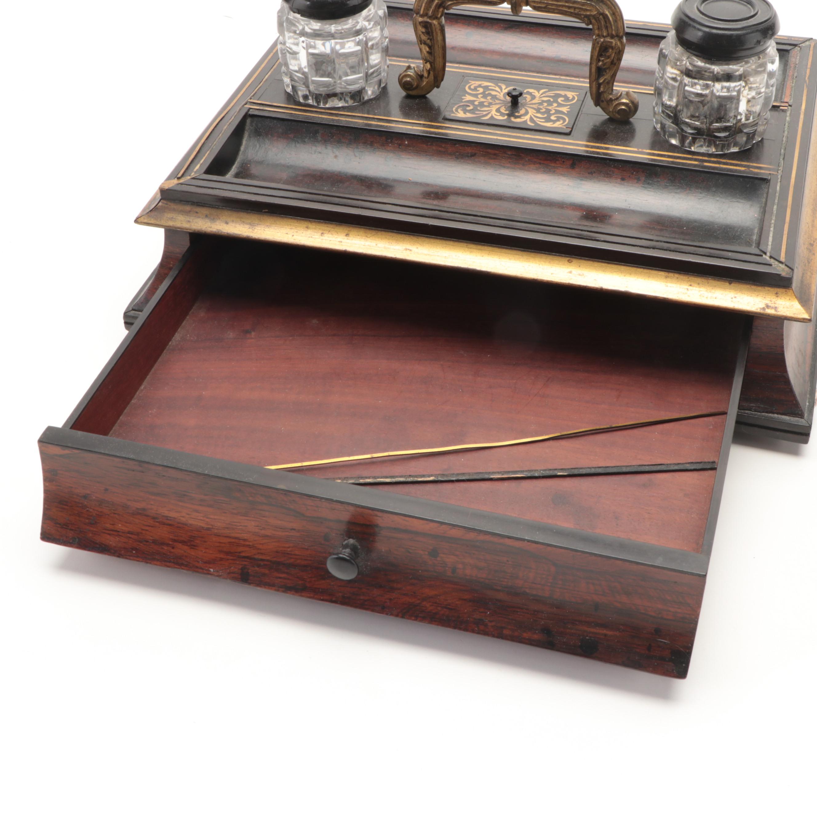 Brass Handled Desk Tidy with Inkwells and Mother-of-Pearl Fountain Pen