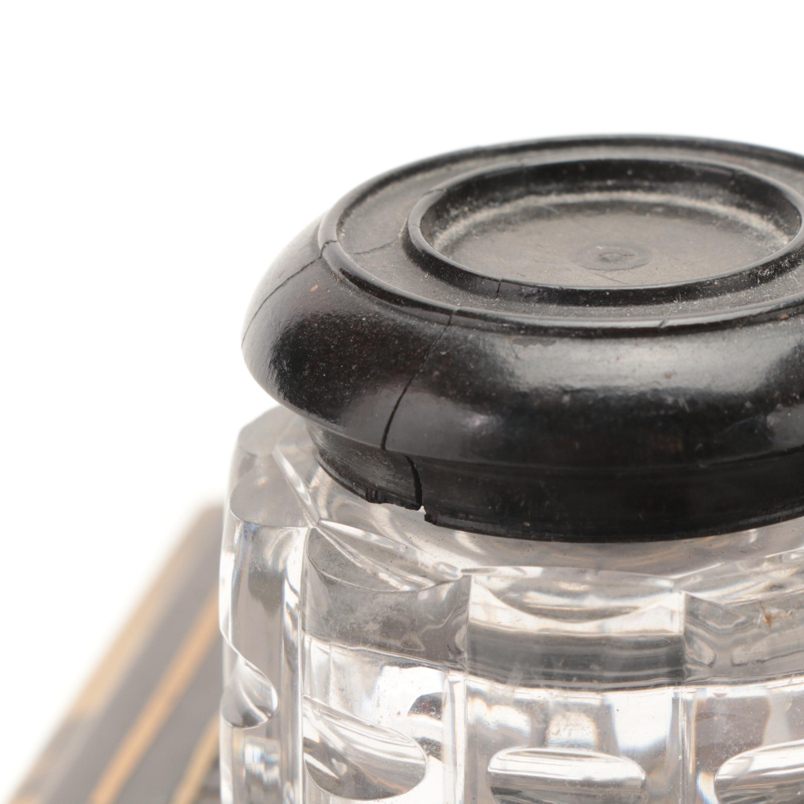 Brass Handled Desk Tidy with Inkwells and Mother-of-Pearl Fountain Pen