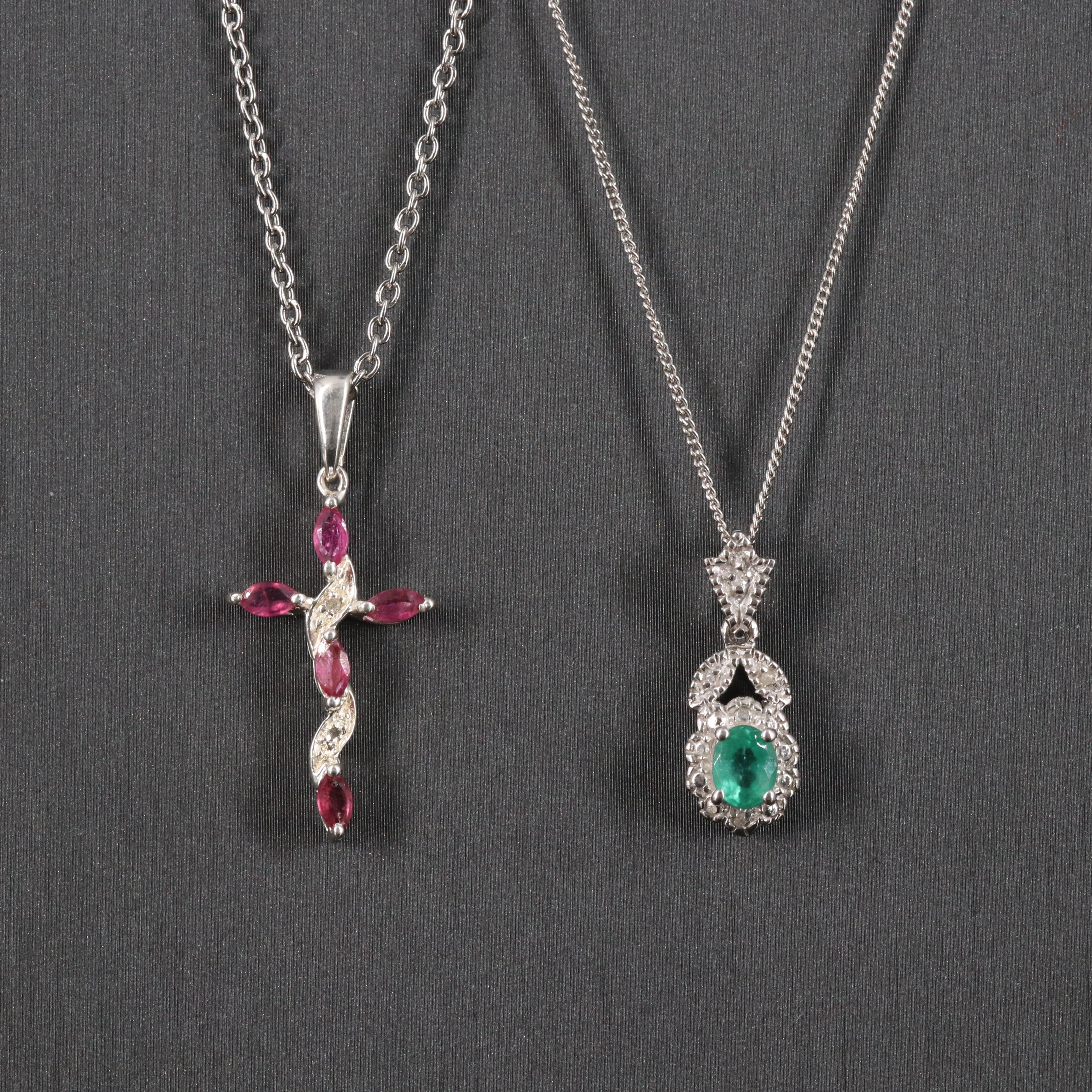 Sterling Pendant Necklaces Including Corundum, Diamonds and Emeralds
