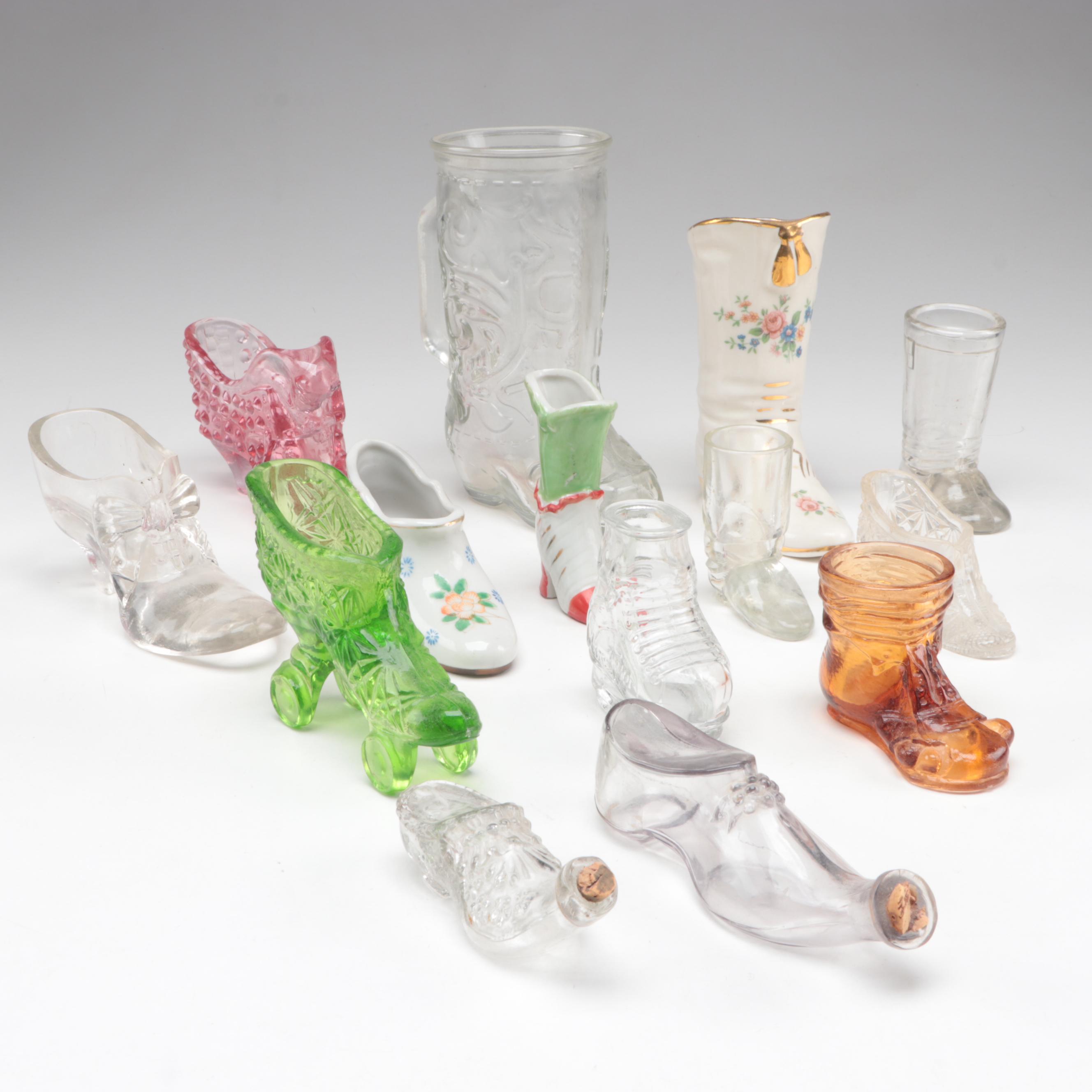 Glass Boot Tankard with Other Shoe Shaped Trinket Dishes and Bottles
