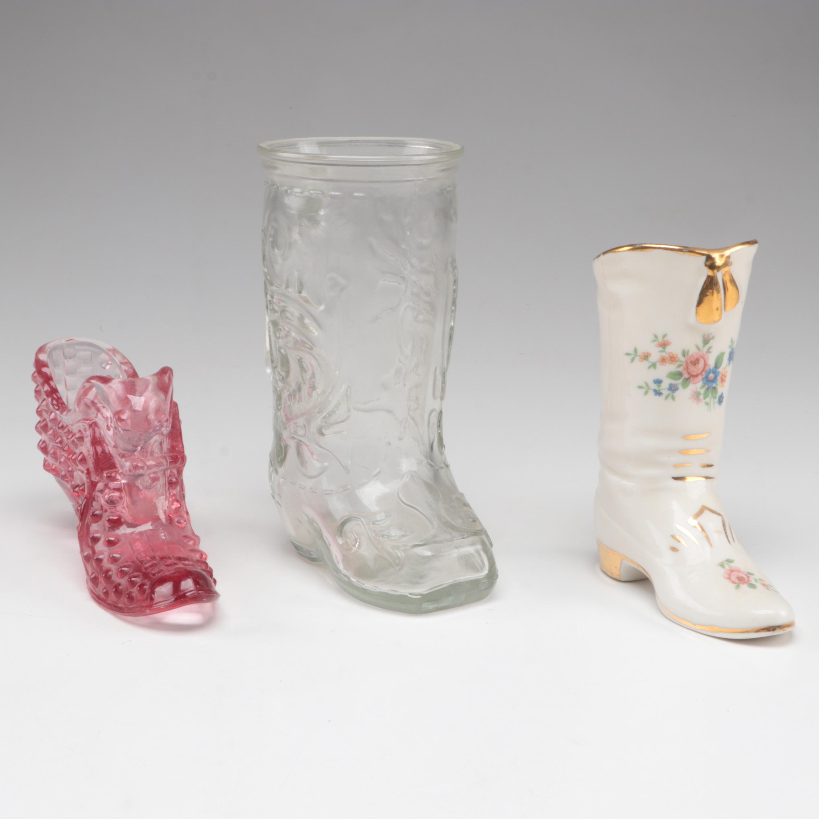 Glass Boot Tankard with Other Shoe Shaped Trinket Dishes and Bottles