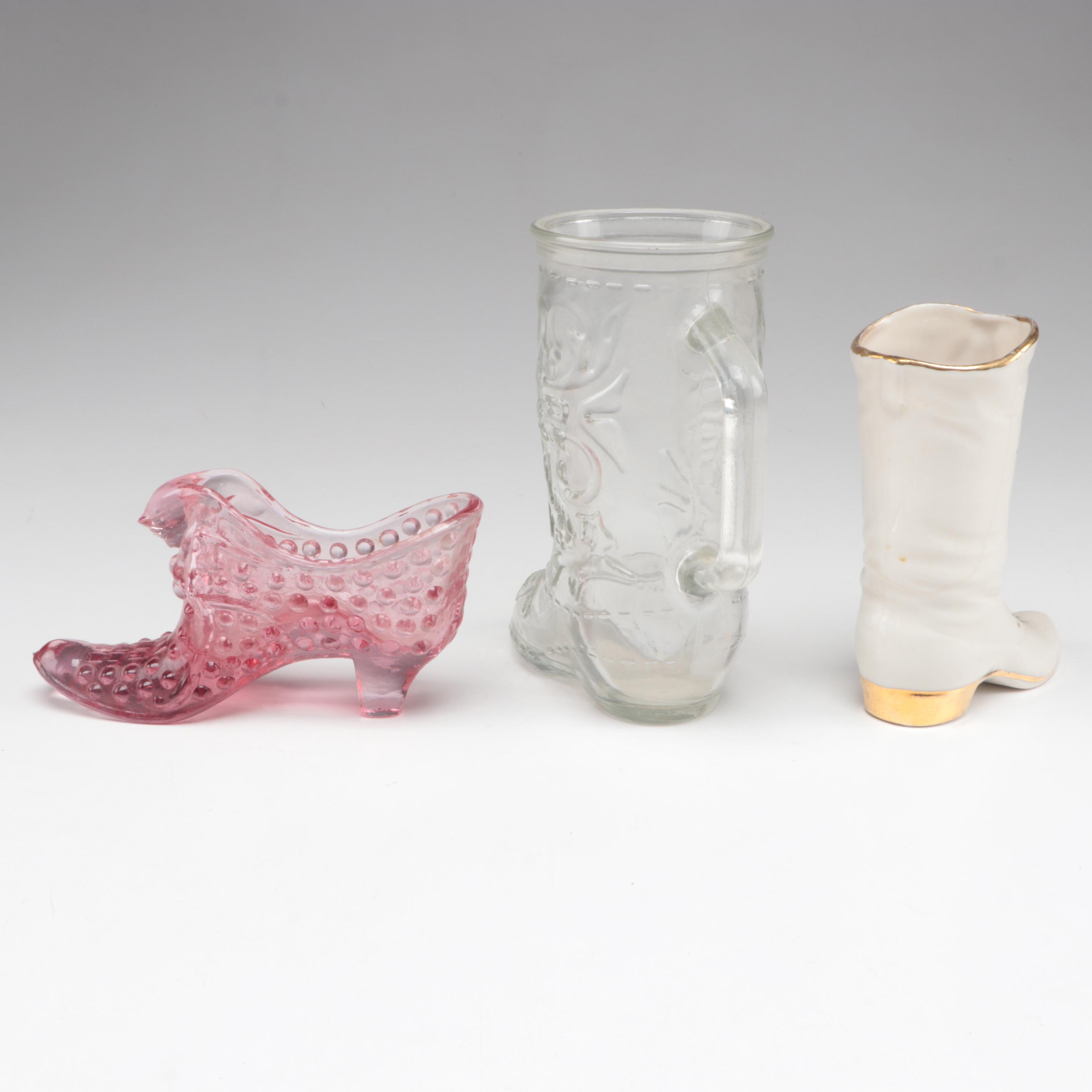 Glass Boot Tankard with Other Shoe Shaped Trinket Dishes and Bottles